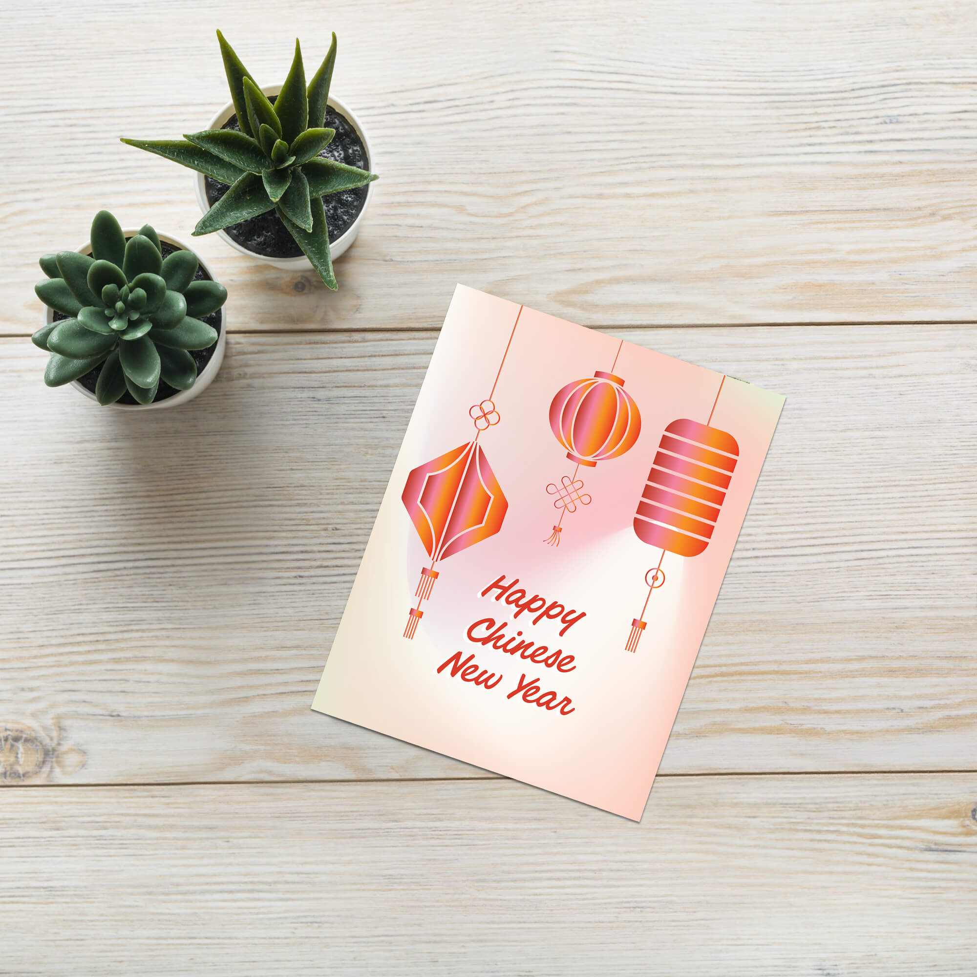 asian Greeting card with red lanterns and 'Happy Chinese New Year' text on a gradient background