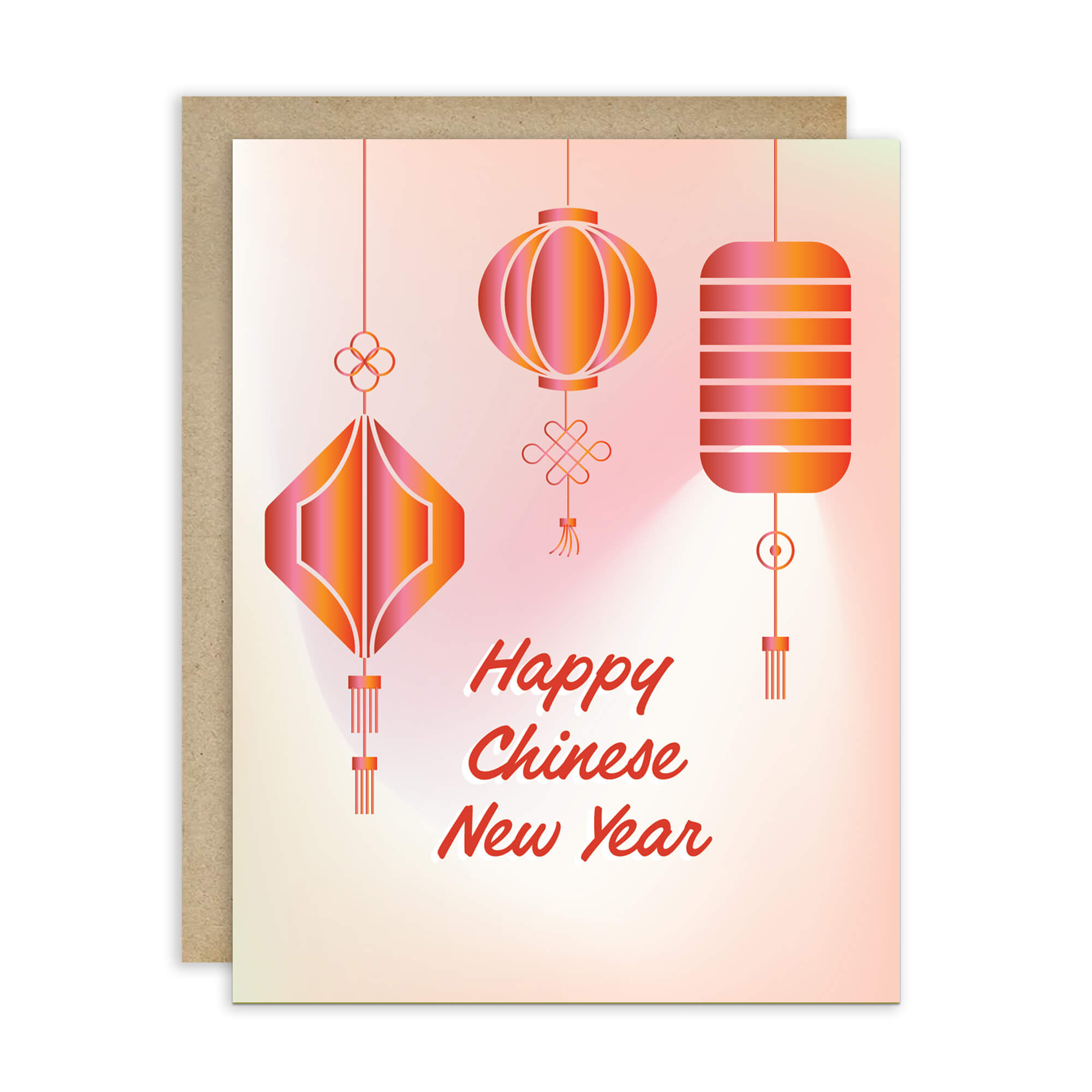 asian Greeting card with red lanterns and 'Happy Chinese New Year' text on a gradient background
