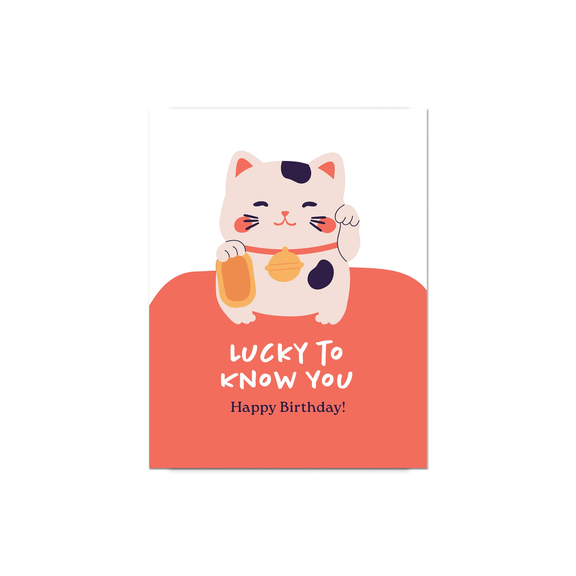 Greeting card with a cartoon cat and 'Lucky to know you' text on a white background