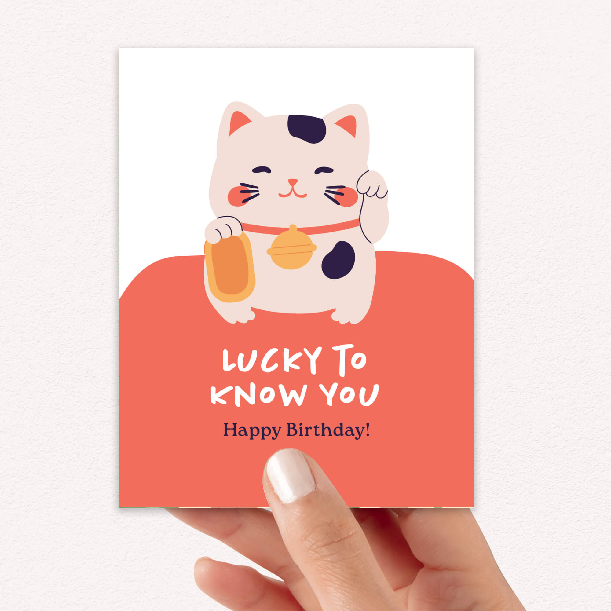 Greeting card with a cartoon cat holding a gold coin, text 'Lucky to know you, Happy Birthday!' on a white background.