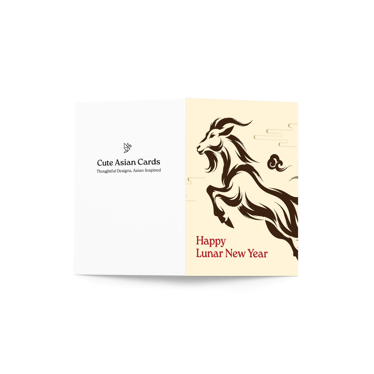 A folded lunar new year card shown open against a white background. The left panel is white with the text 'Cute Asian Cards' and a small logo.