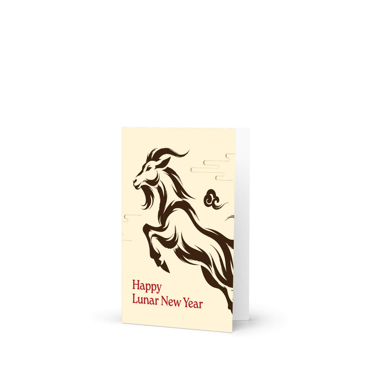 A vertical year of the ram card featuring a dark brown illustration of a rearing horse and the text 'Happy Lunar New Year' in red, shown standing against a plain white background.
