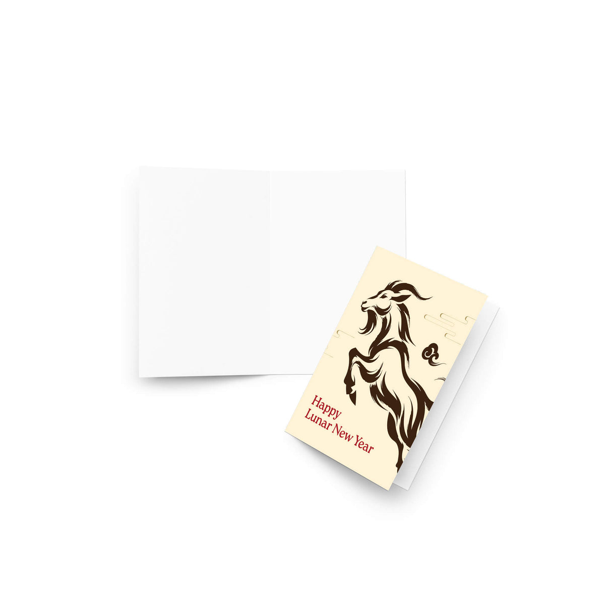 A folded year of the sheep with a cream front cover featuring a dark brown horse illustration and red text reading 'Happy Lunar New Year,' shown next to an open blank white back on a light gray background.