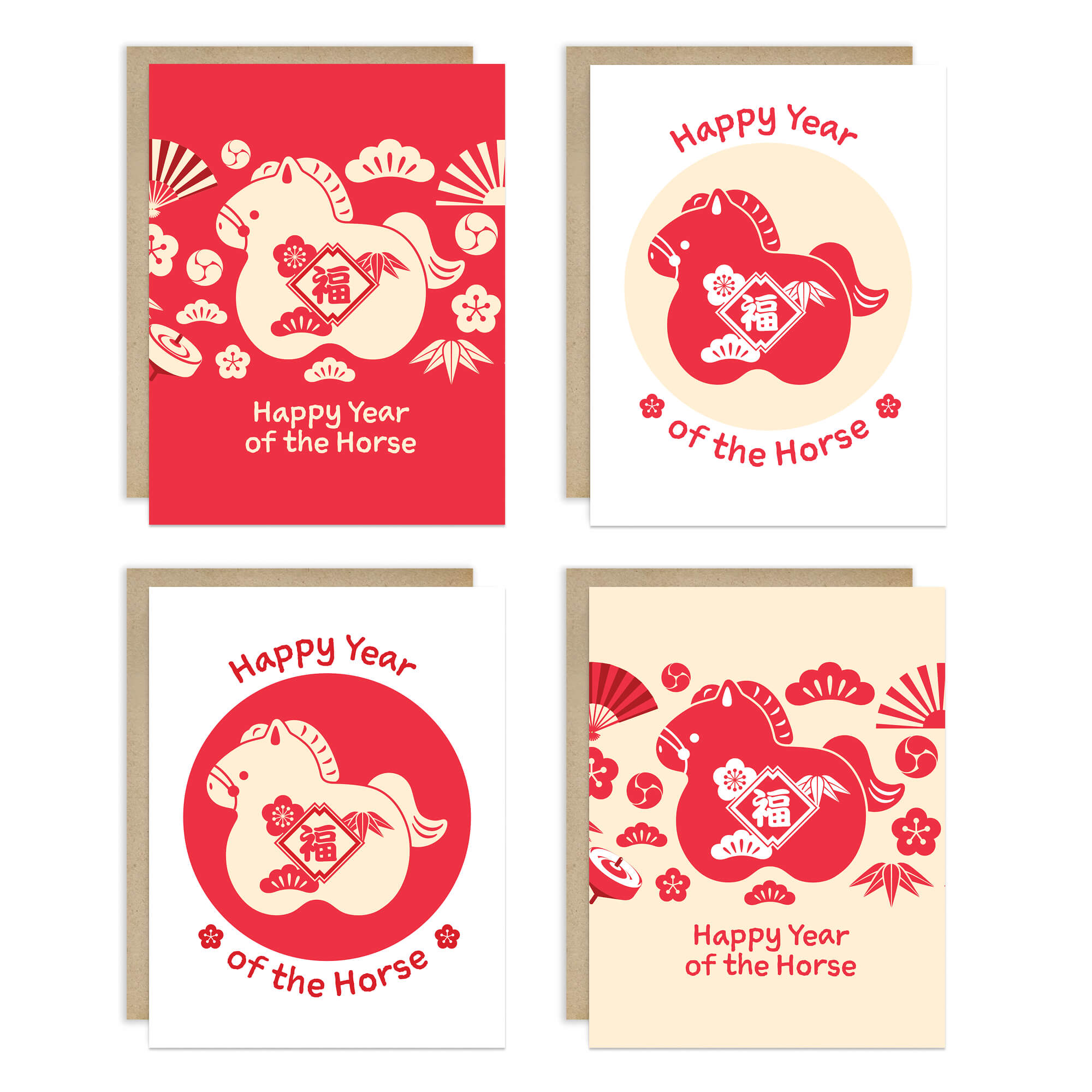 Fire Horse Lunar New Year Cards | 8 Assorted Cards + Envelopes Set