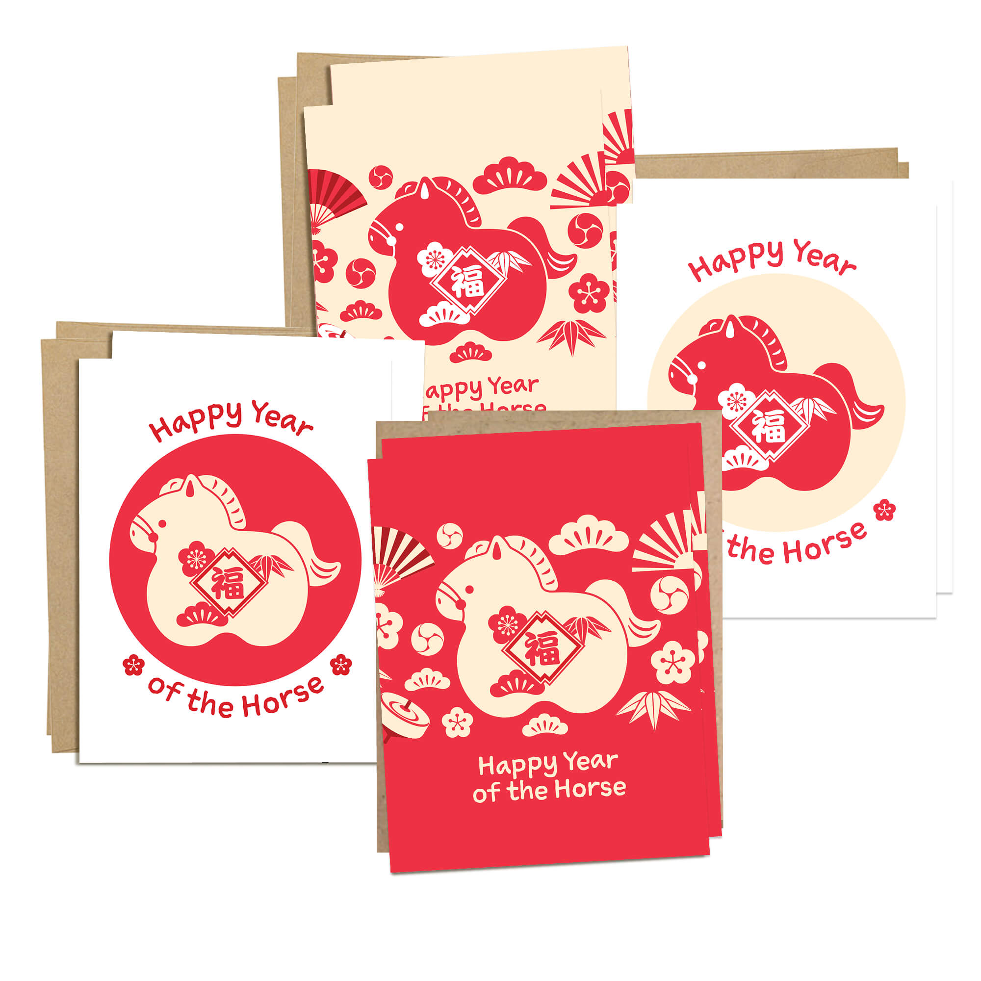 Fire Horse Lunar New Year Cards | 8 Assorted Cards + Envelopes Set