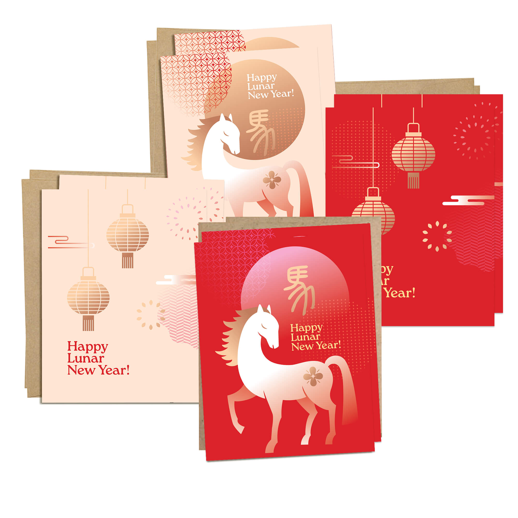Set of greeting cards with horse design and 'Happy Lunar New Year!' text on a white background