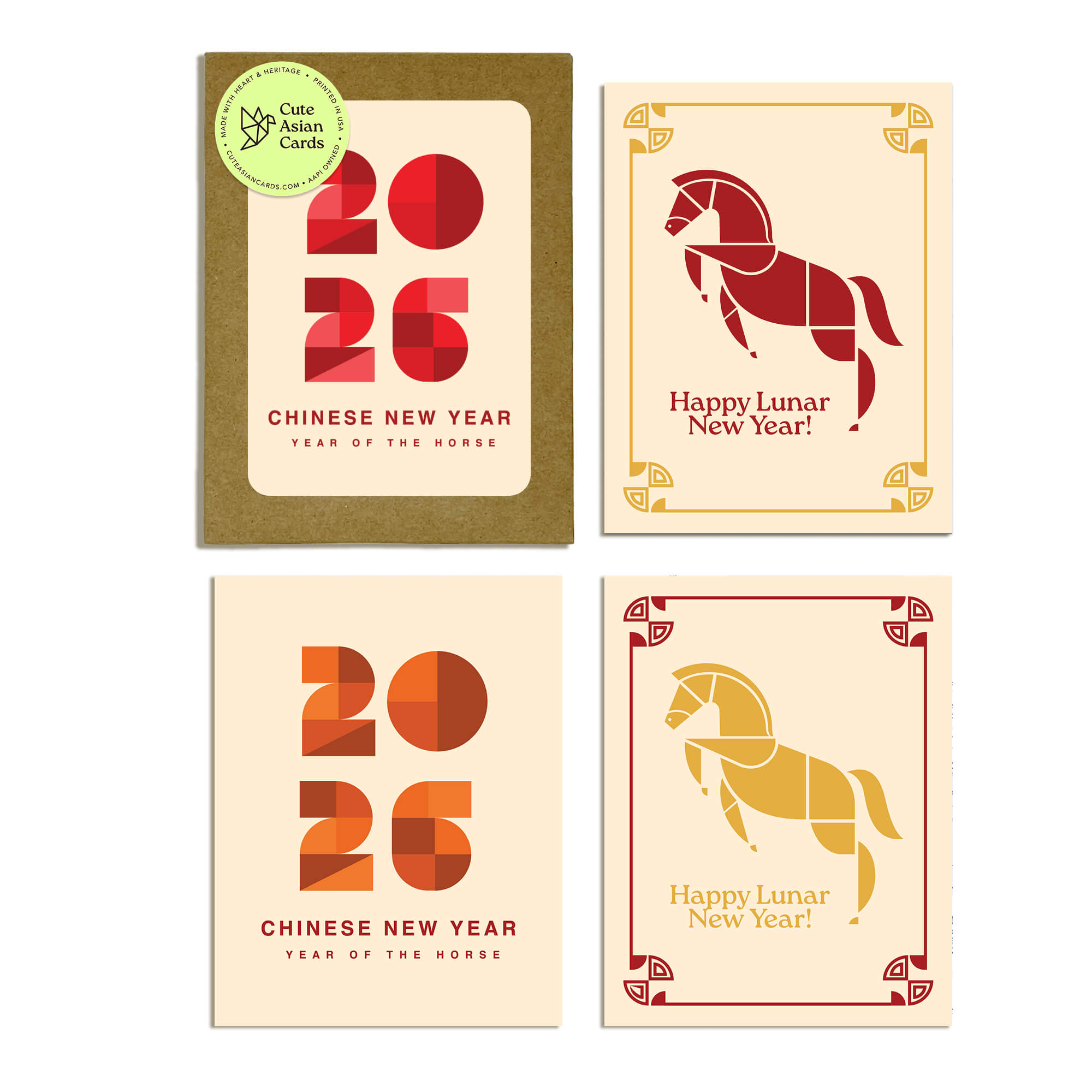 Geometric Lunar New Year Cards | 8 Assorted Cards + Envelopes Set