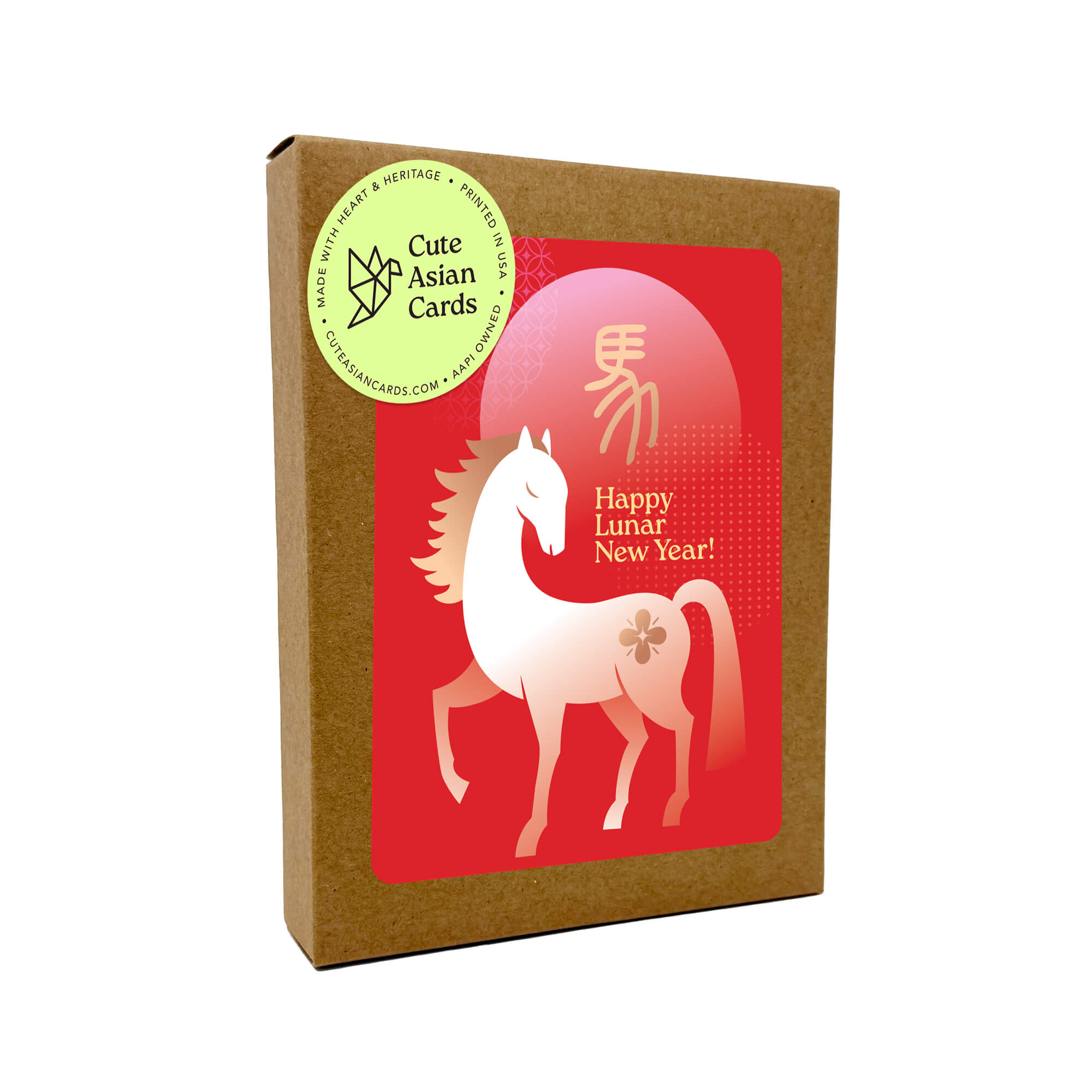 Cardbox with a horse illustration and 'Happy Lunar New Year!' text on a red background