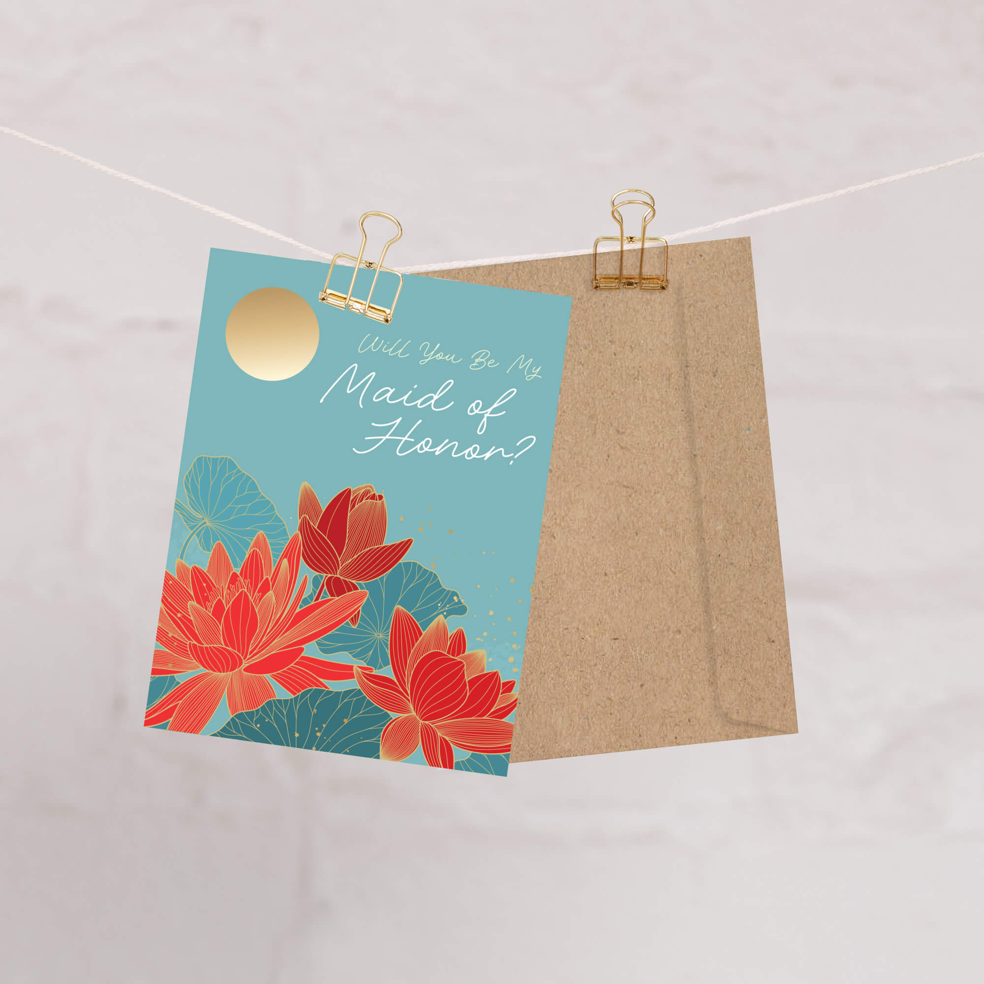 Floral card with 'Will You Be My Maid of Honor?' text on a light background