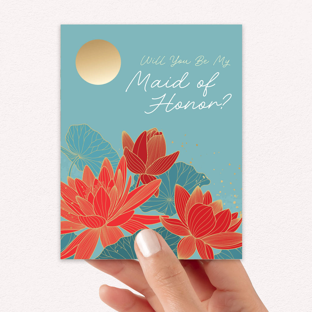 Maid of Honor Card |  Lotus Flower Gold Moon Asian Floral MOH Proposal Card