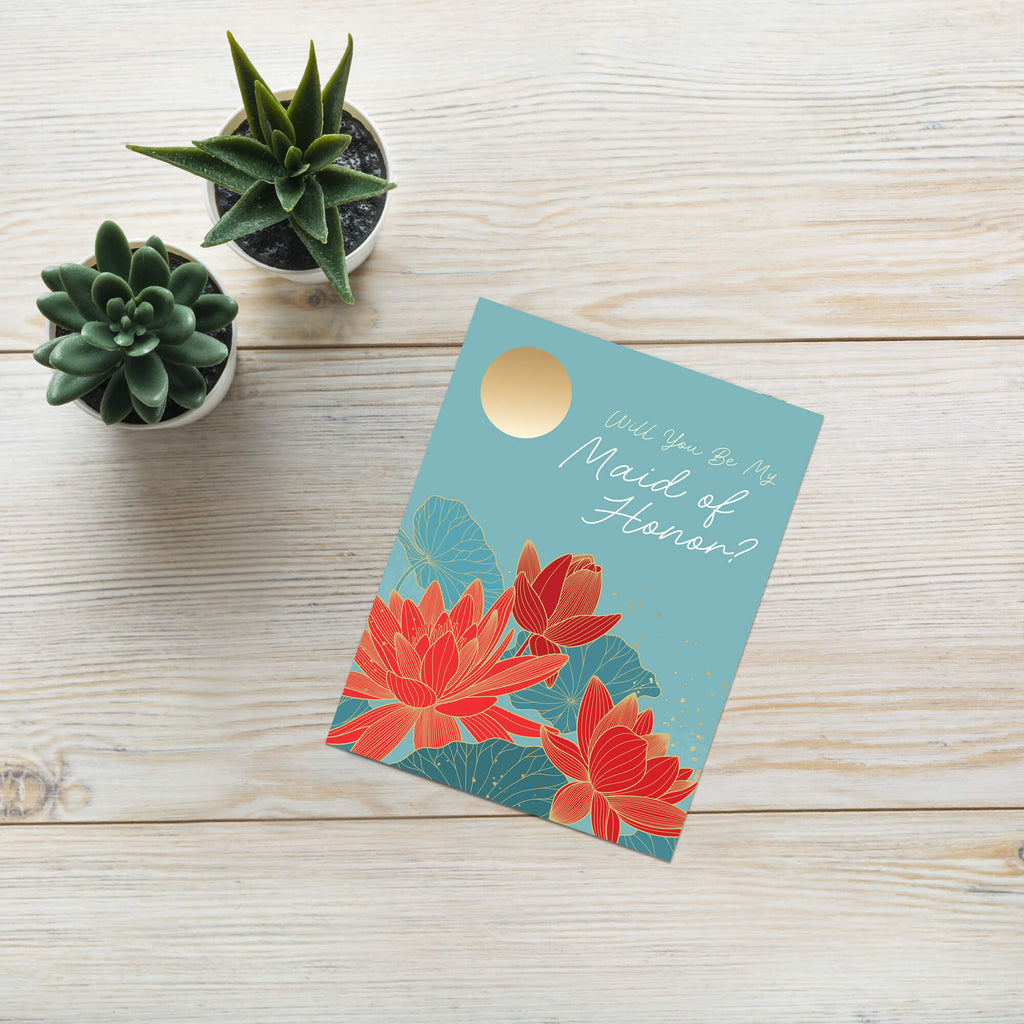 Maid of Honor Card |  Lotus Flower Gold Moon Asian Floral MOH Proposal Card