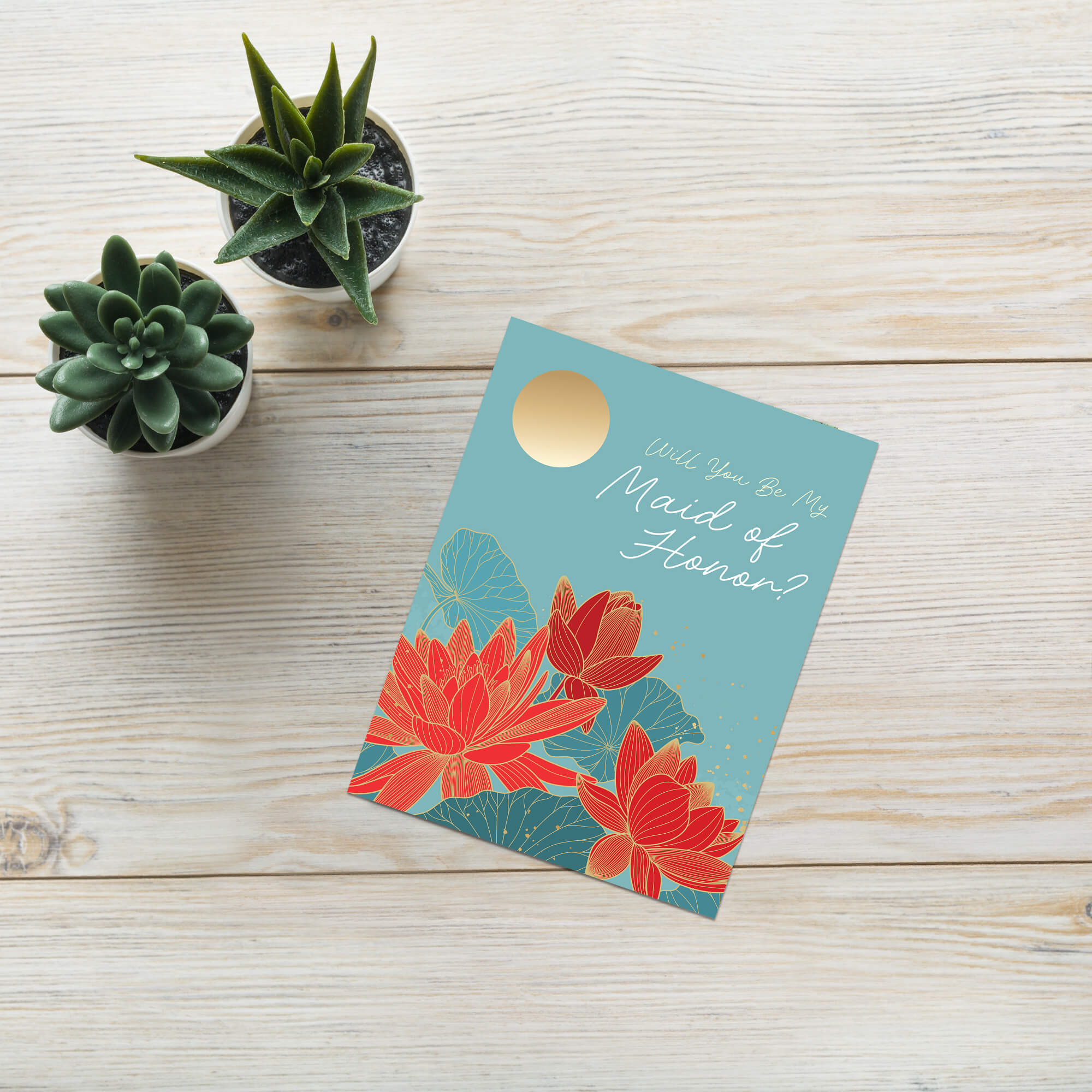 Maid of Honor Card |  Lotus Flower Gold Moon Asian Floral MOH Proposal Card