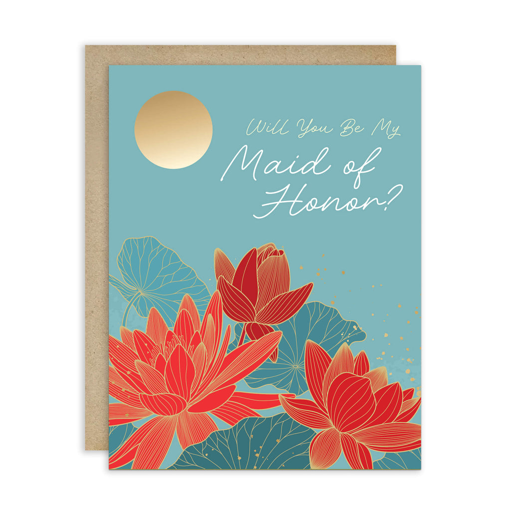 Greeting card with red floral design and 'Will You Be My Maid of Honor?' text on a blue background
