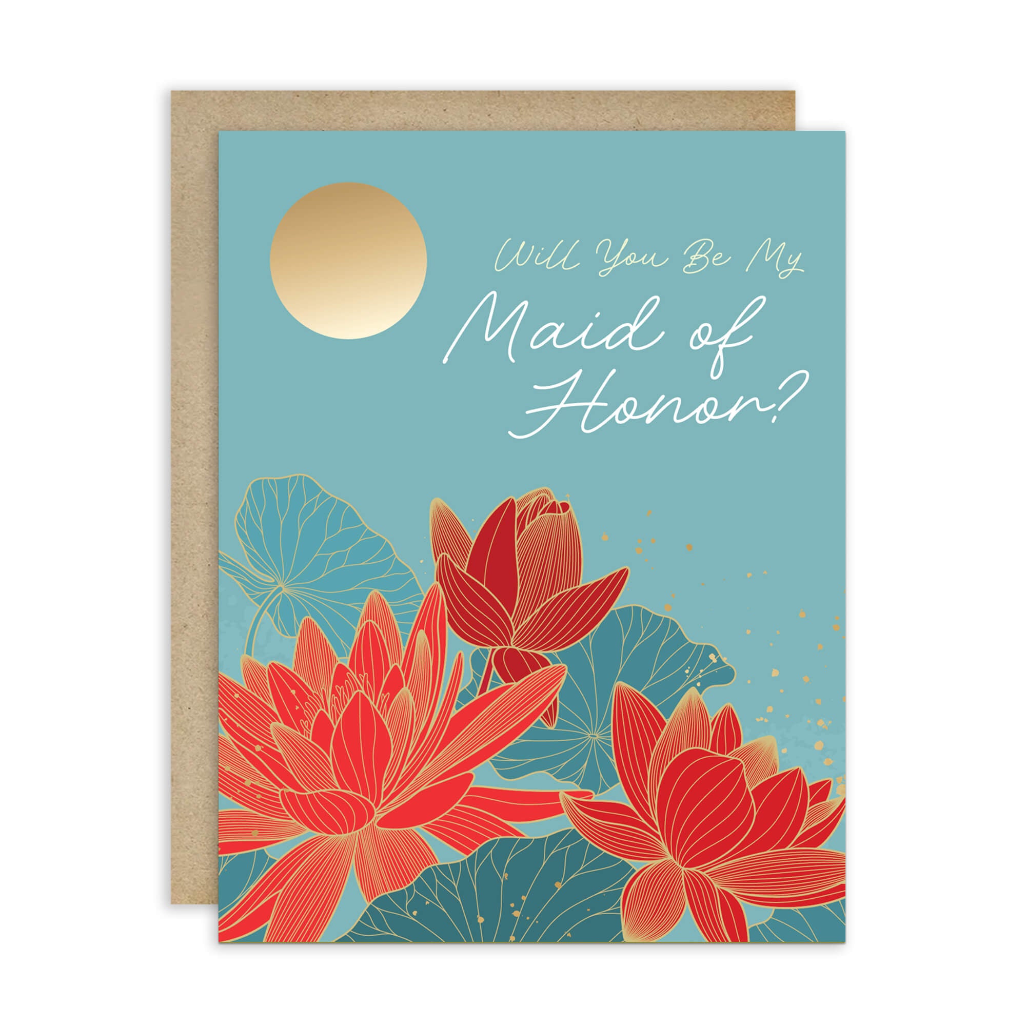 Greeting card with red floral design and 'Will You Be My Maid of Honor?' text on a blue background