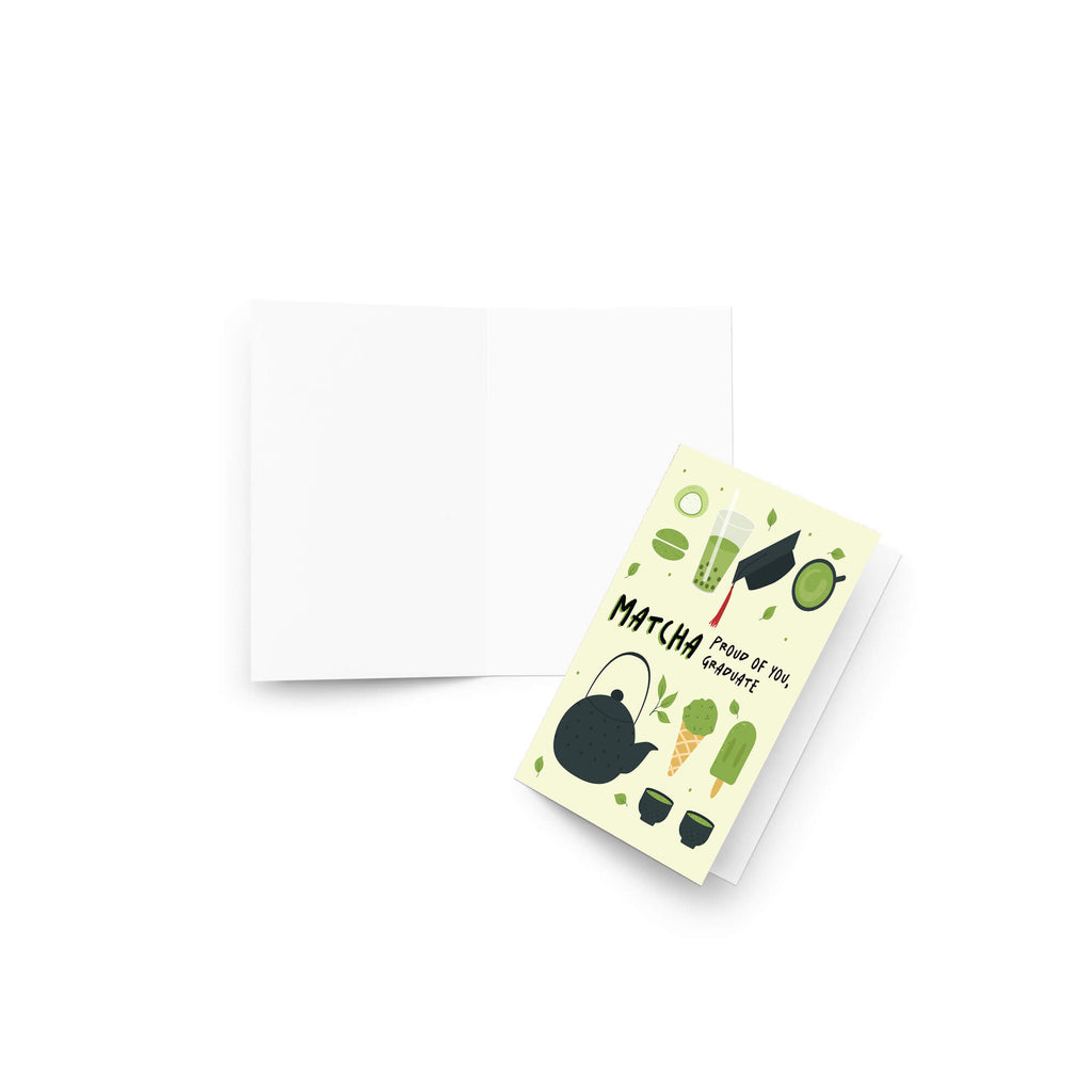 graduation card with japanese matcha green tea illustrations and text 'Matcha Proud of You, Graduate' on a light yellow background.