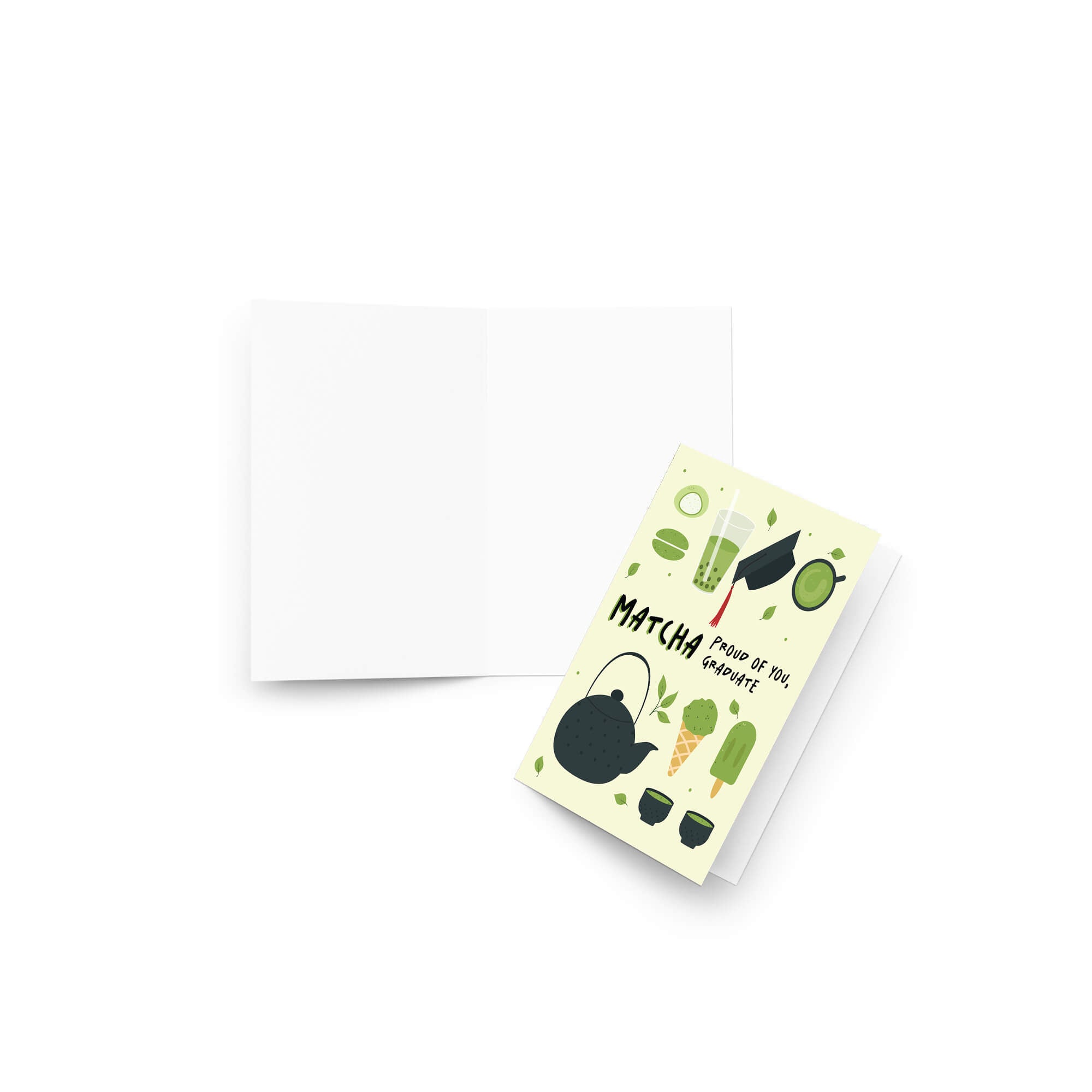 graduation card with japanese matcha green tea illustrations and text 'Matcha Proud of You, Graduate' on a light yellow background.