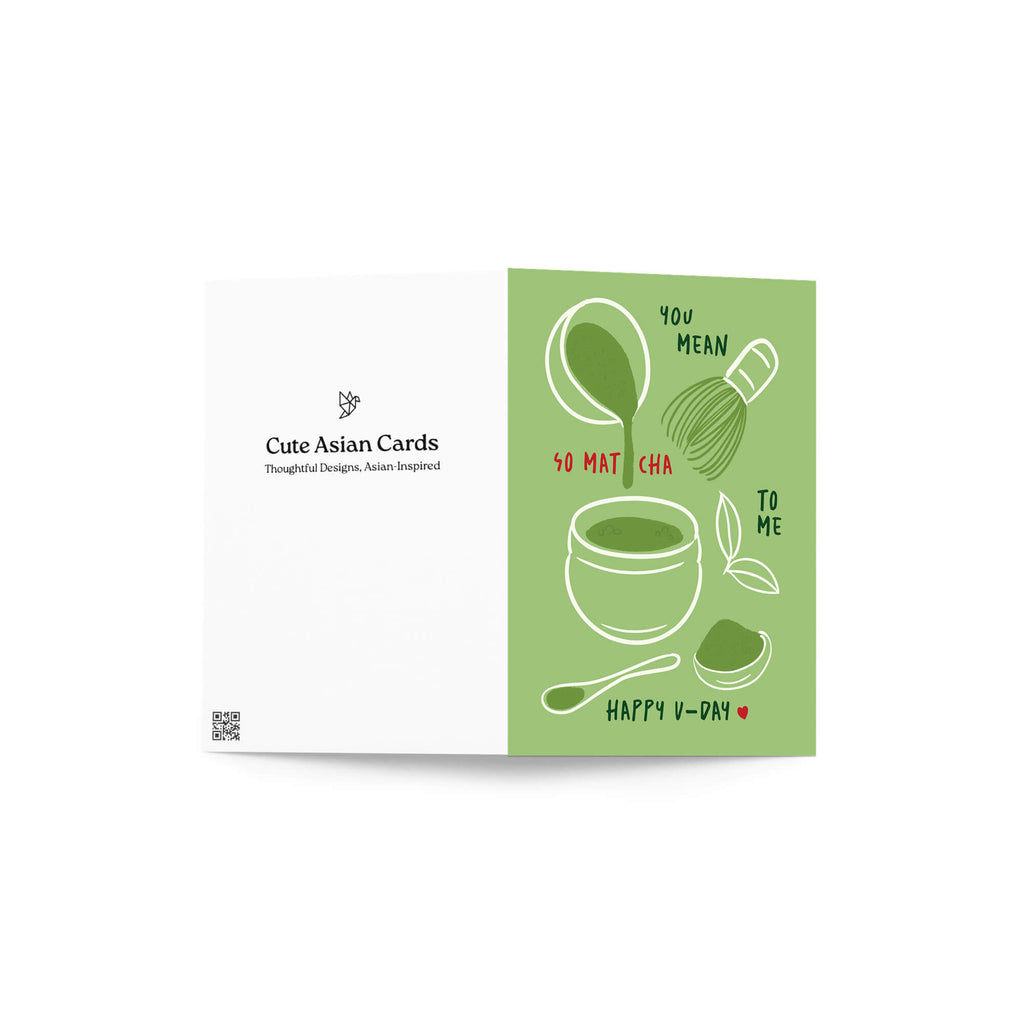 Matcha whisk, bowl, and scoop on green background with “You mean so matcha to me.”