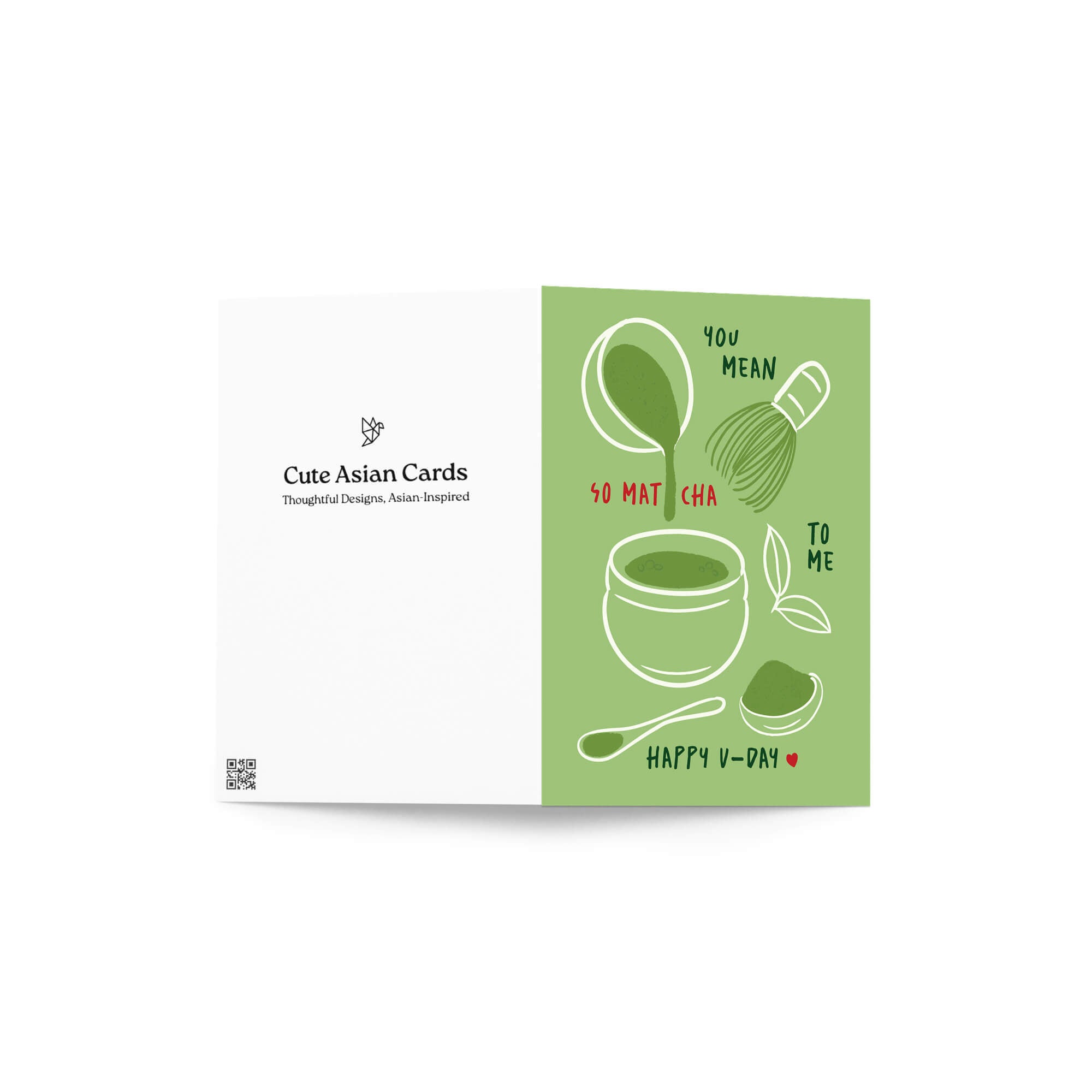 Matcha whisk, bowl, and scoop on green background with “You mean so matcha to me.”
