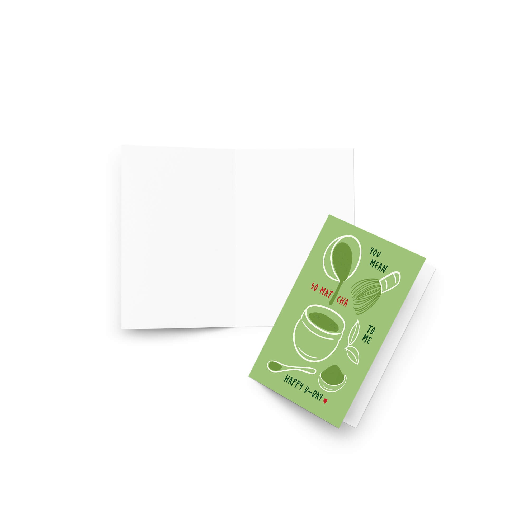 Matcha whisk, bowl, and scoop on green background with “You mean so matcha to me.”