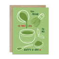 Greeting card with matcha-themed illustrations and text on a green background