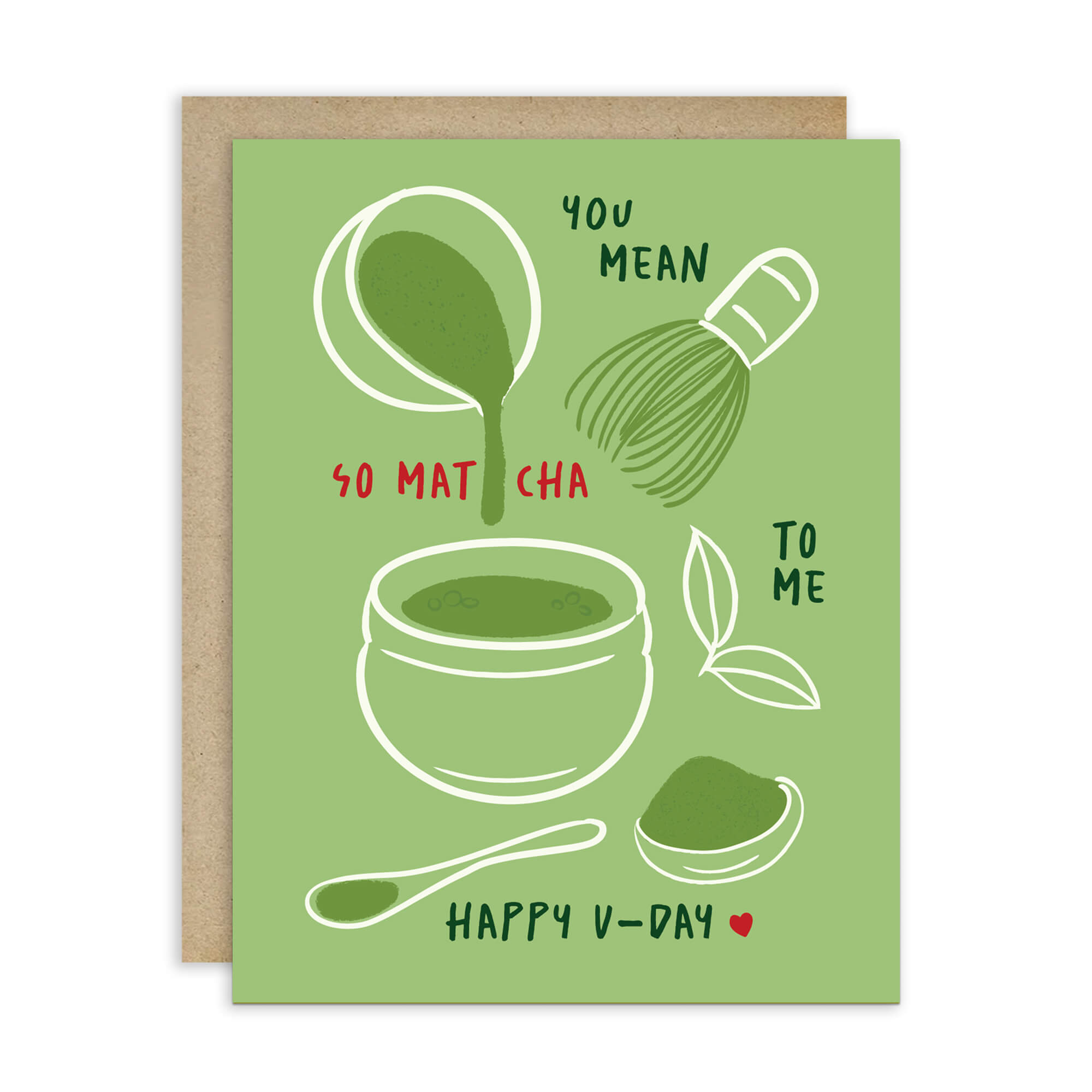 Greeting card with matcha-themed illustrations and text on a green background
