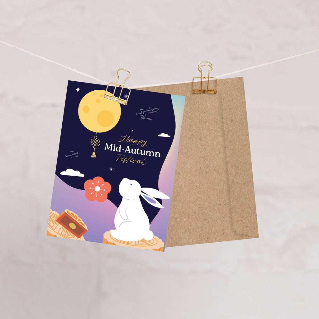 asian Greeting card with Mid-Autumn Festival design featuring a moon, rabbit, and mooncake.