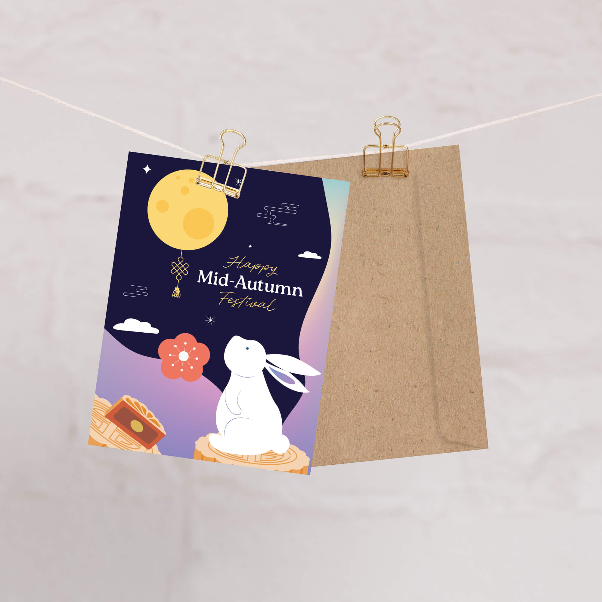 asian Greeting card with Mid-Autumn Festival design featuring a moon, rabbit, and mooncake.