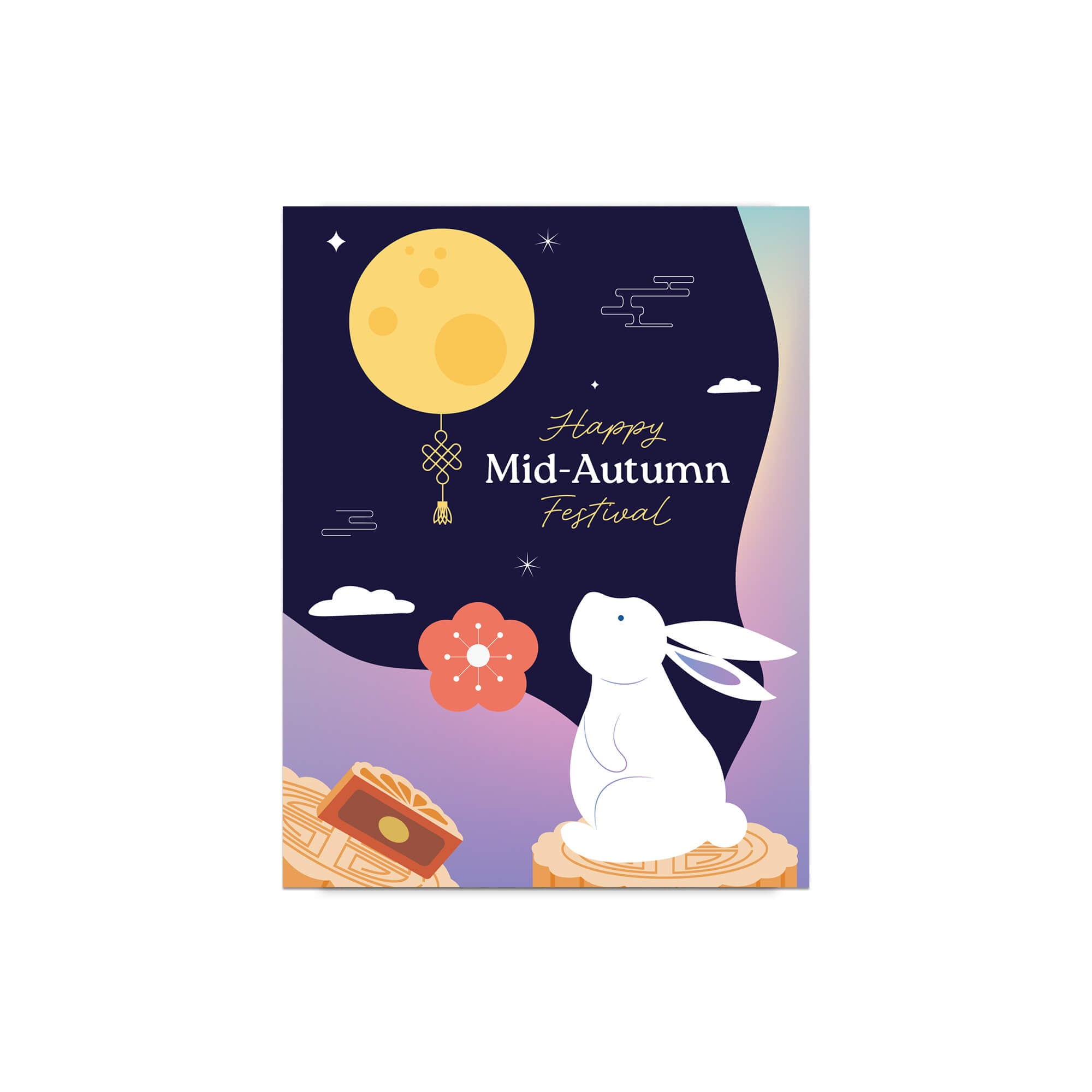 Illustration of a rabbit, moon, and flower with 'Happy Mid-Autumn Festival' text on a purple background.