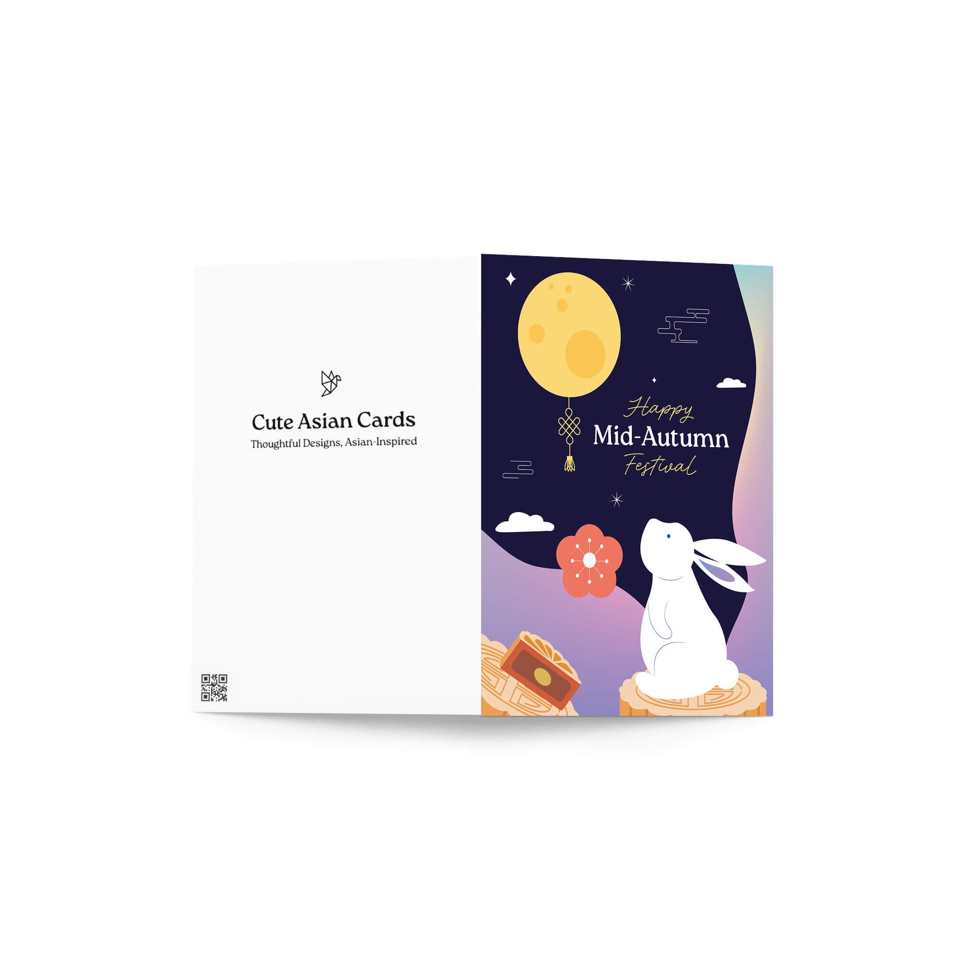 Packaging of 'Cute Asian Cards' with a design of a rabbit, moon, and floral elements on a white background.
