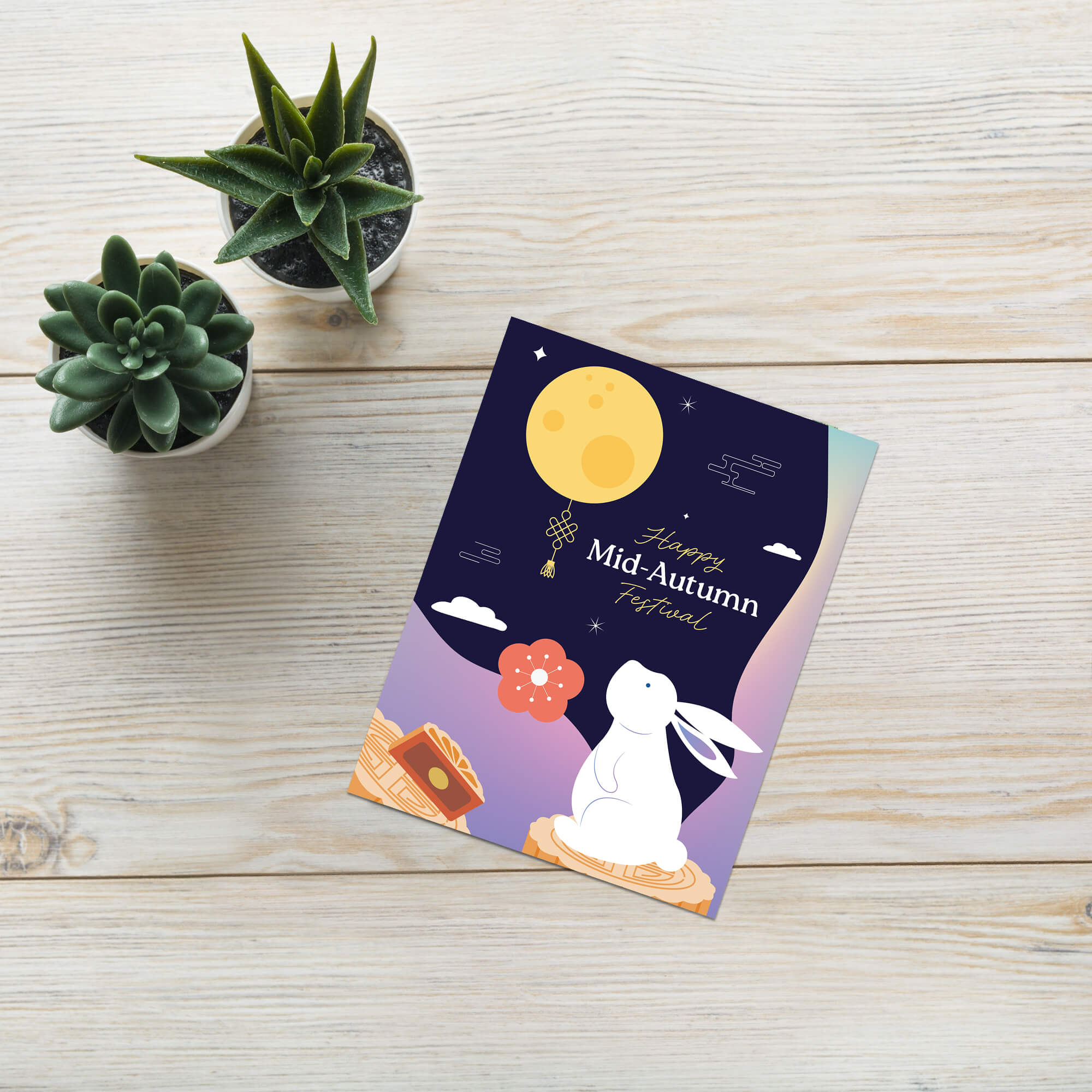asian Greeting card with Mid-Autumn Festival design featuring a moon, rabbit, and mooncake.