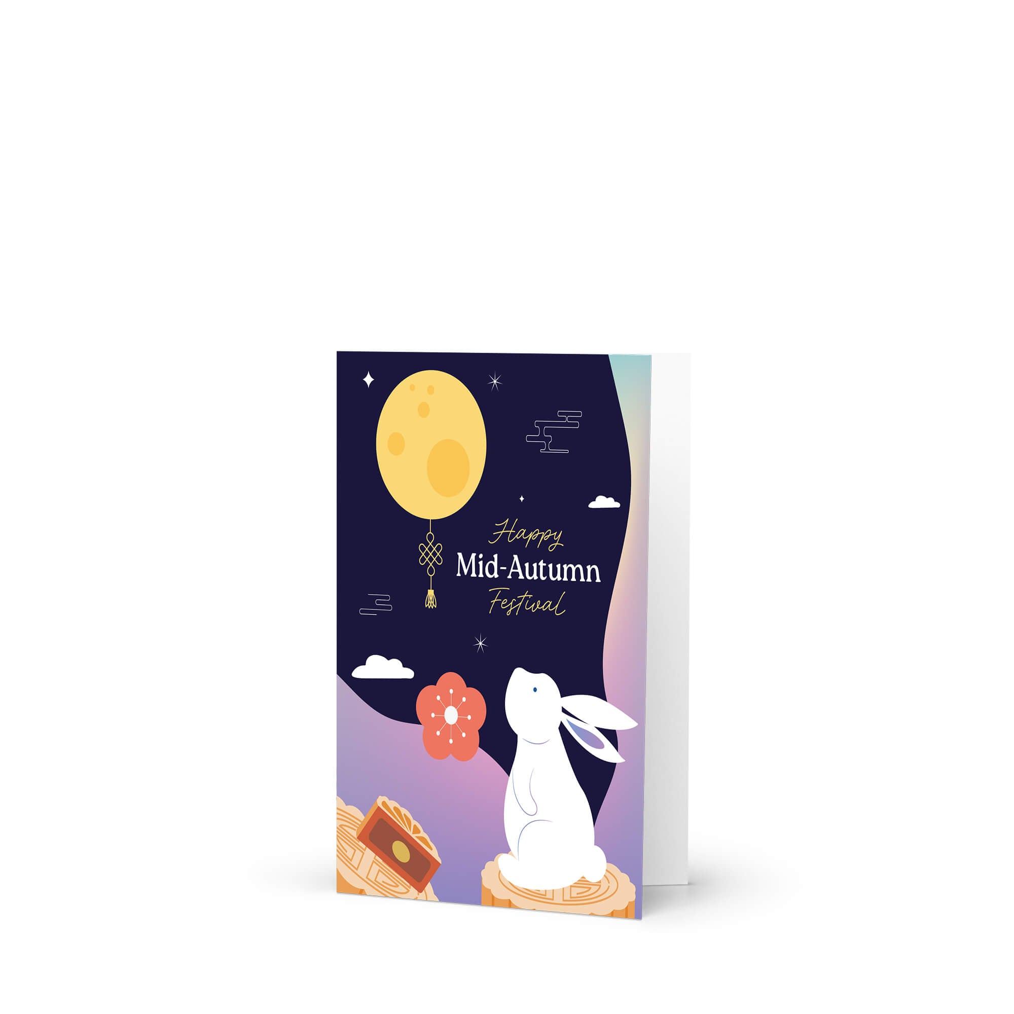 asian Greeting card with Mid-Autumn Festival design featuring a moon, rabbit, and mooncake.