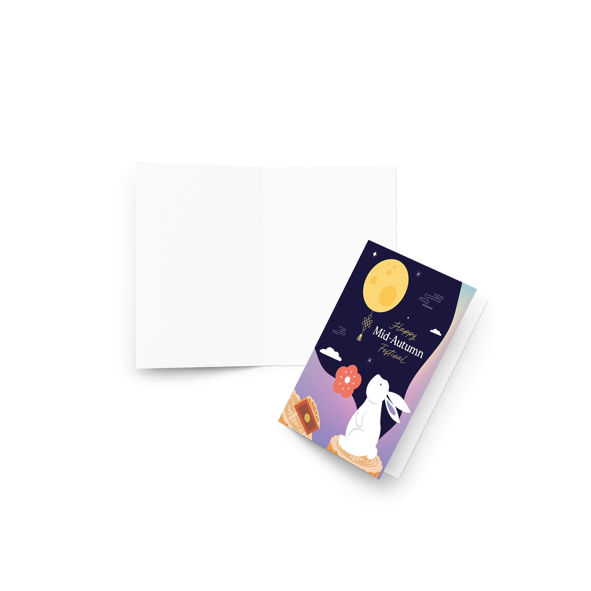 asian Greeting card with Mid-Autumn Festival design featuring a moon, rabbit, and mooncake.