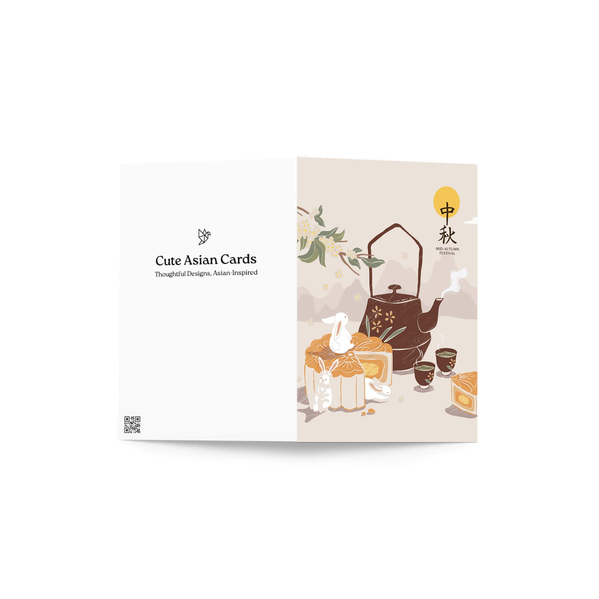 Chinese greeting card with a gong fu teapot and mooncake design on a white background for mid autumn festival
