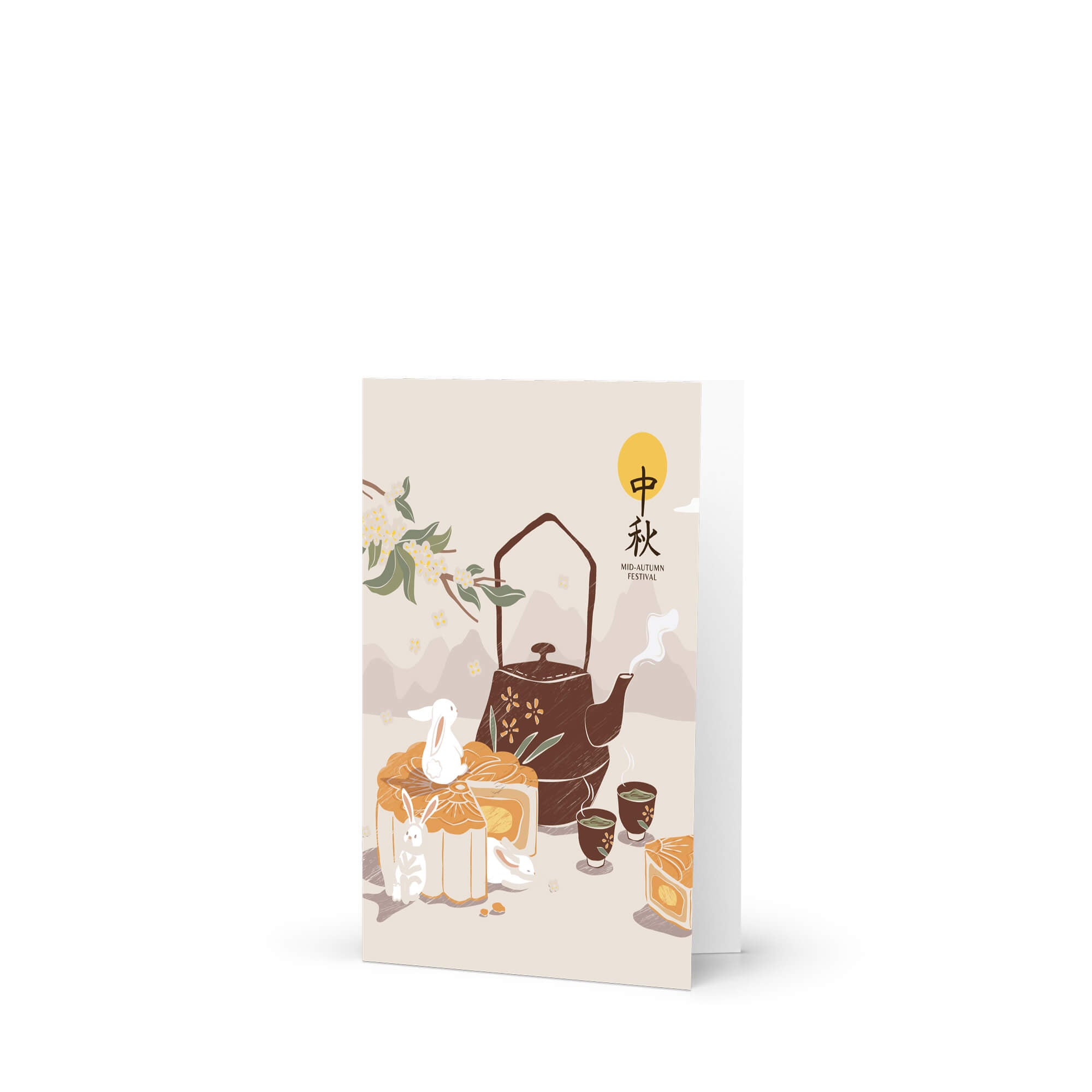 mid autumn festival Card with chinese gong fu tea set and moon cake illustration on a white background