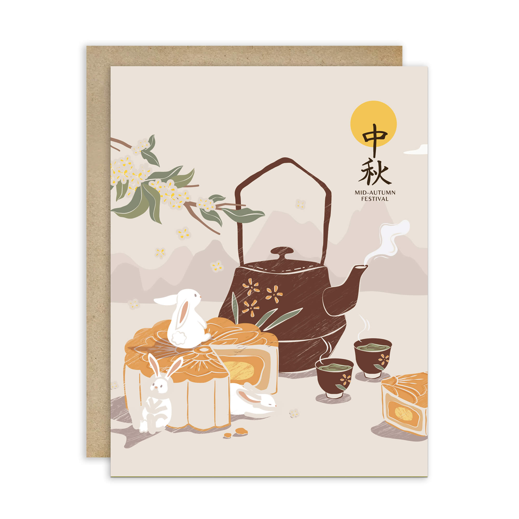 Chinese Greeting card with Mid-Autumn Festival design featuring a teapot, mooncakes, and rabbits.