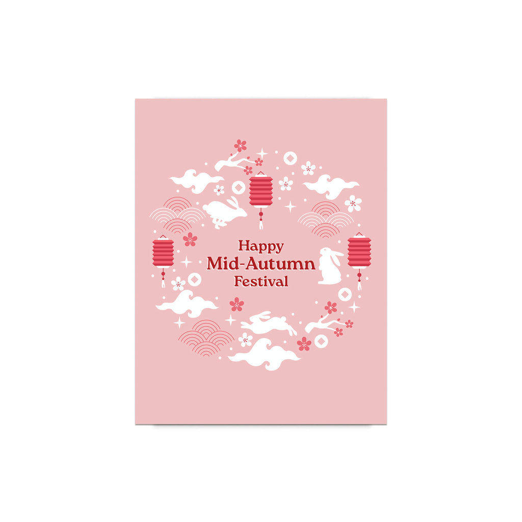 asian greeting Card with 'Happy Mid-Autumn Festival' text and traditional elements on a pink background 