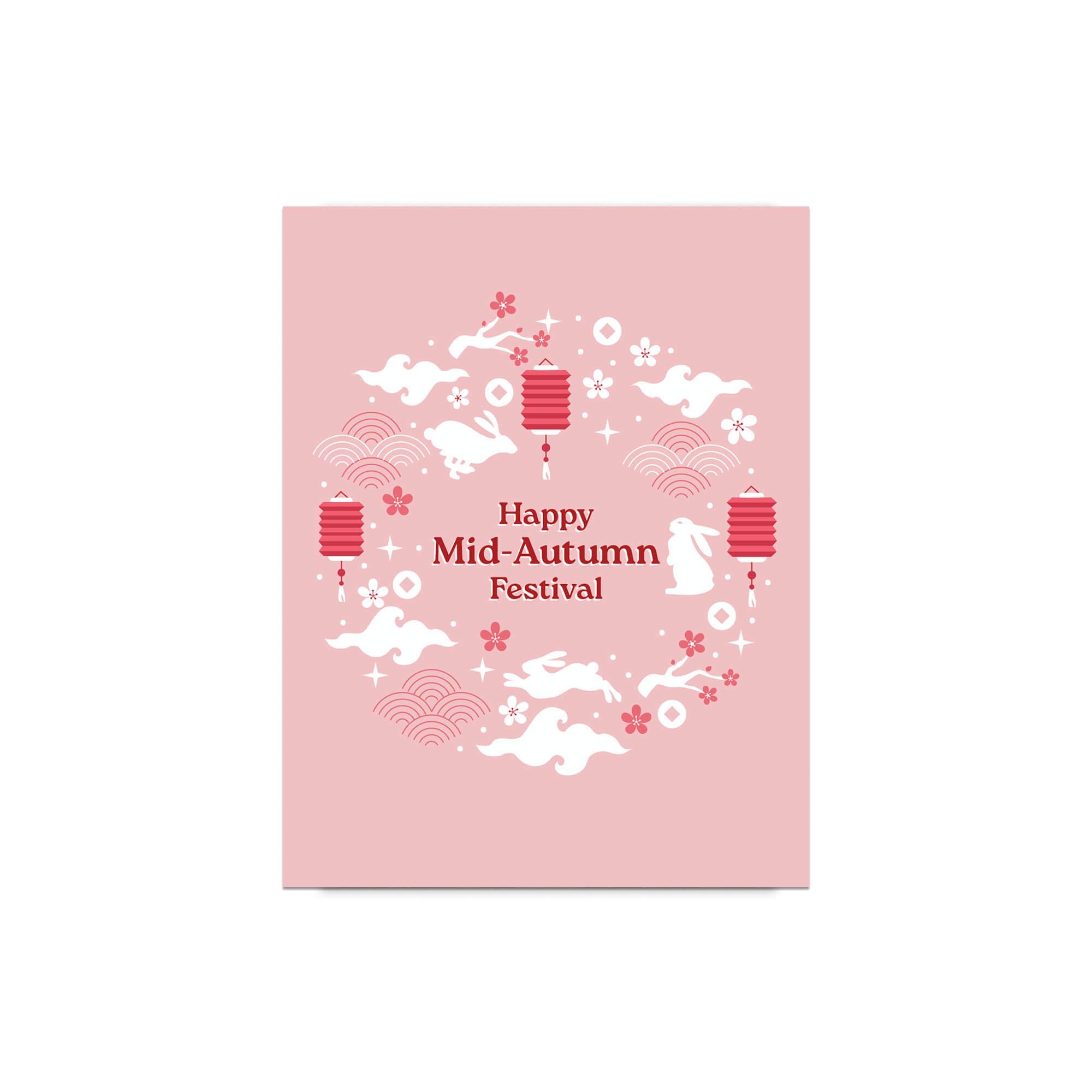 asian greeting Card with 'Happy Mid-Autumn Festival' text and traditional elements on a pink background 