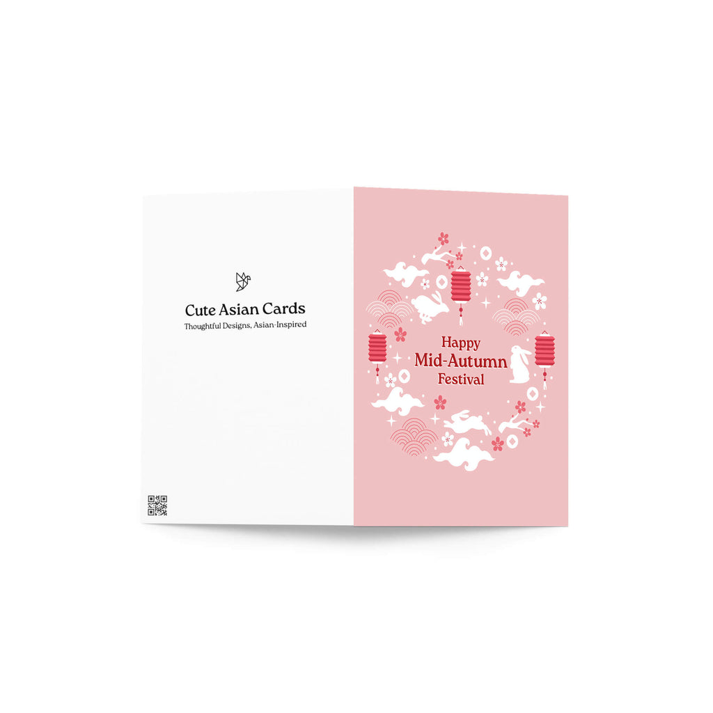 asian greeting Card with 'Happy Mid-Autumn Festival' text and traditional elements on a pink background 