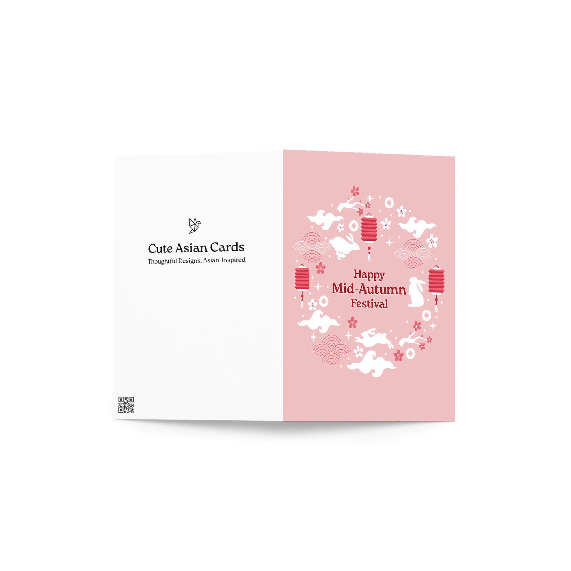 asian greeting Card with 'Happy Mid-Autumn Festival' text and traditional elements on a pink background 