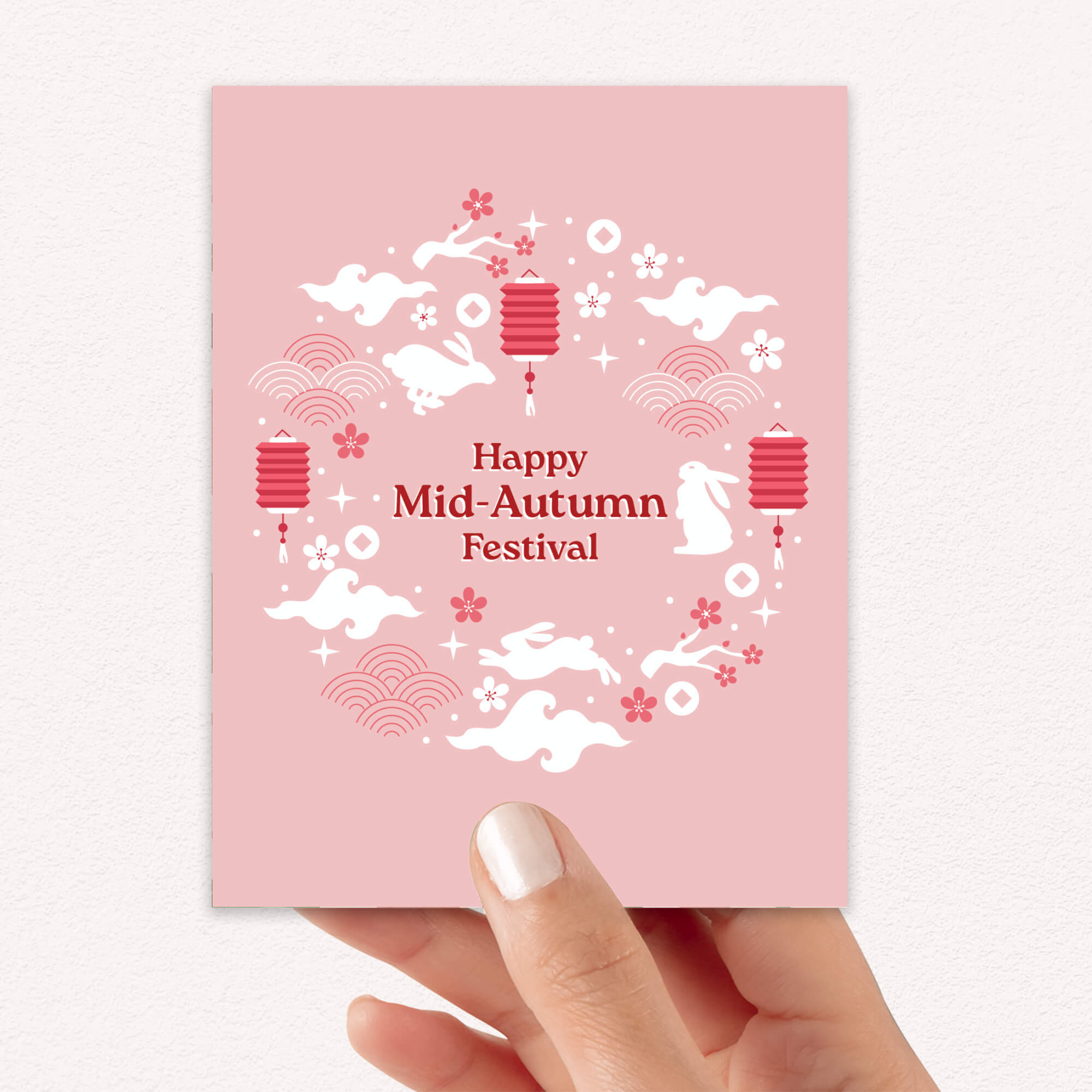 asian greeting Card with 'Happy Mid-Autumn Festival' text and traditional elements on a pink background 