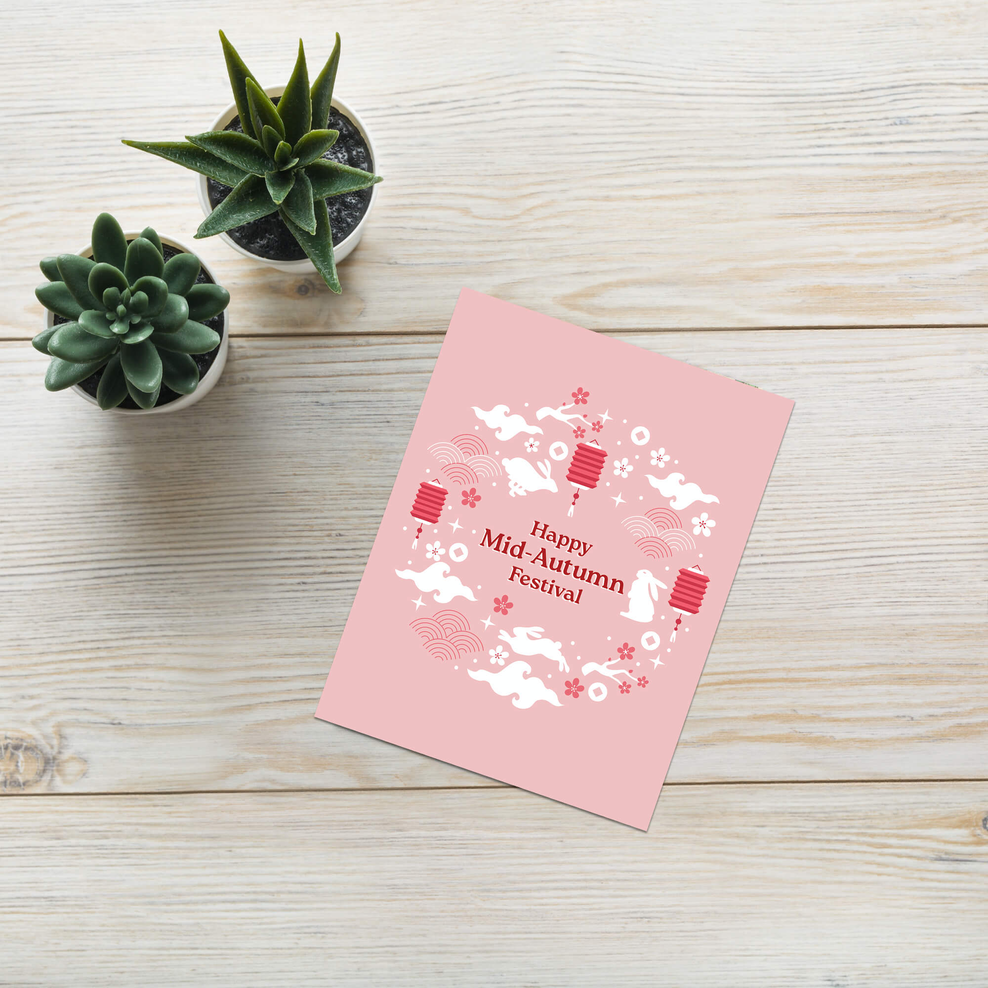 asian greeting Card with 'Happy Mid-Autumn Festival' text and traditional elements on a pink background 