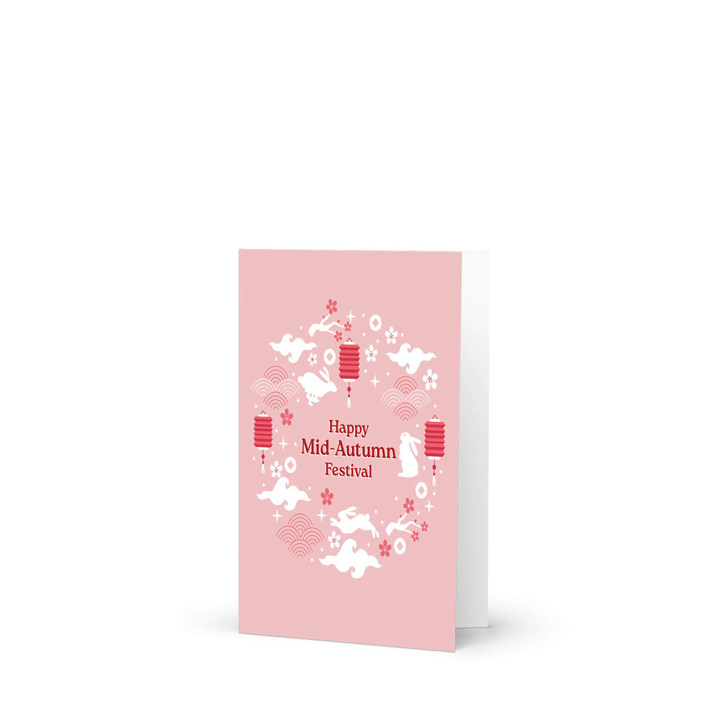 asian greeting Card with 'Happy Mid-Autumn Festival' text and traditional elements on a pink background 