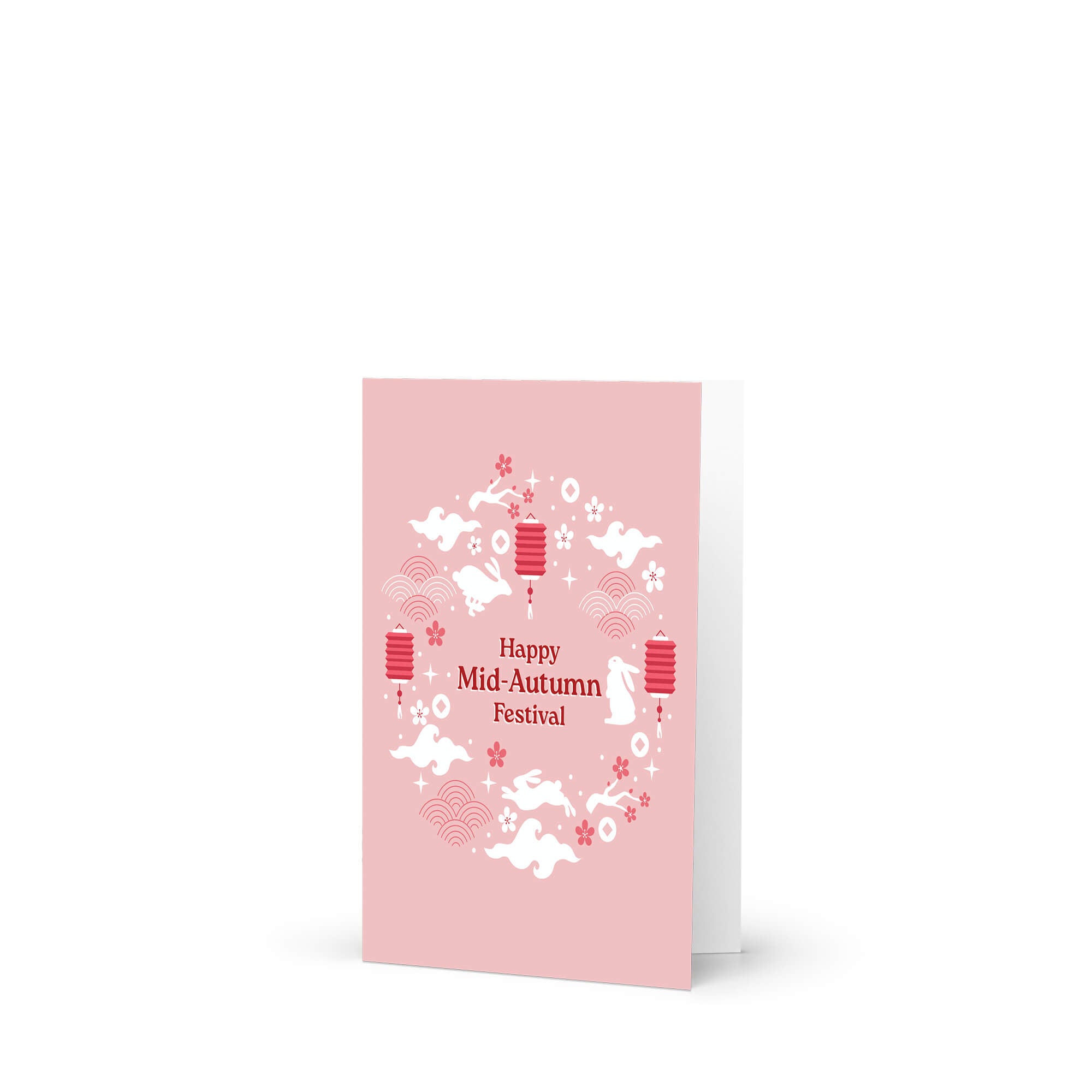 asian greeting Card with 'Happy Mid-Autumn Festival' text and traditional elements on a pink background 