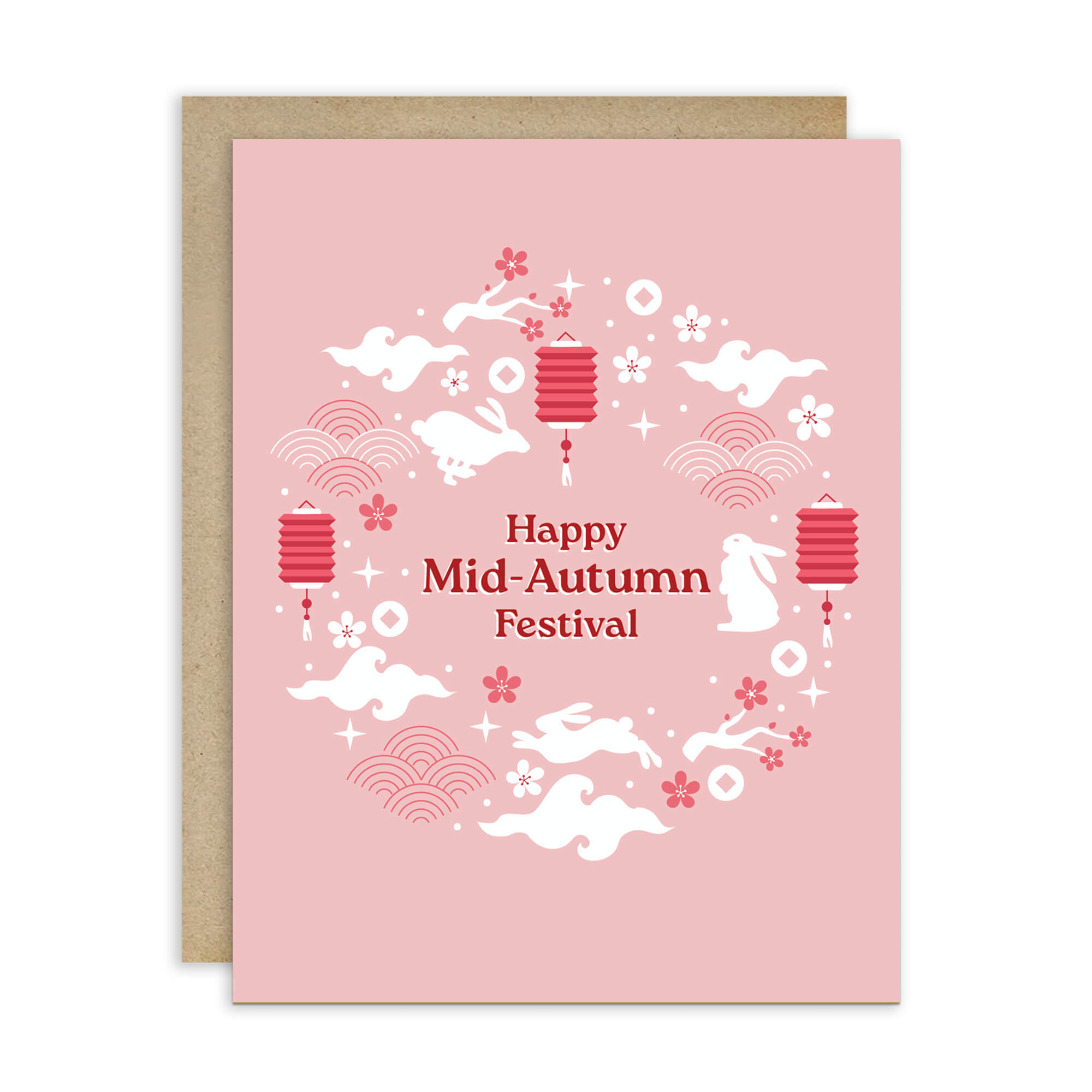 pink asian Greeting card with 'Happy Mid-Autumn Festival' text and traditional elements on a pink background