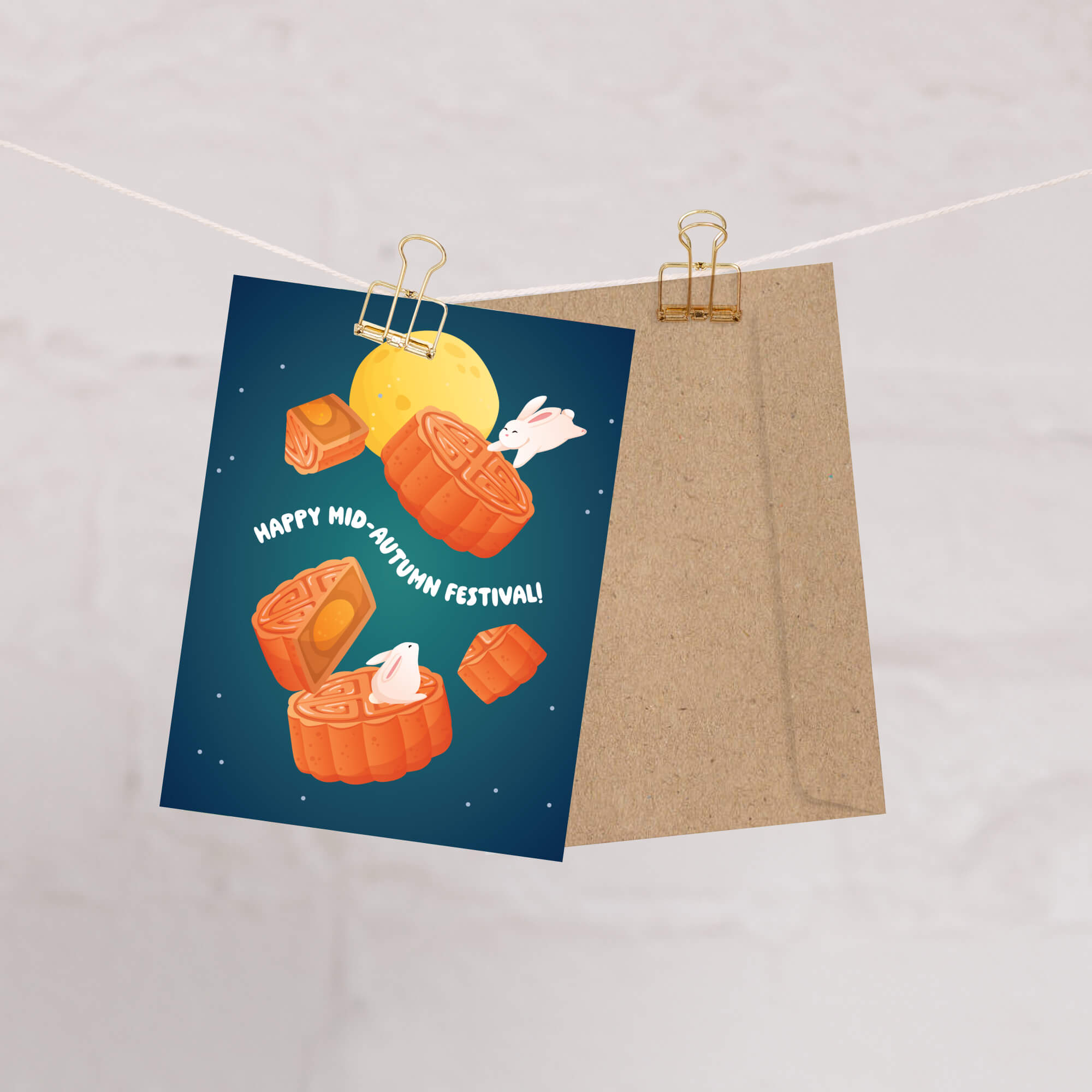 kawaii greeting Card with mooncakes and a full moon illustration, featuring 'Happy Mid-Autumn Festival!' text, on a beige background.