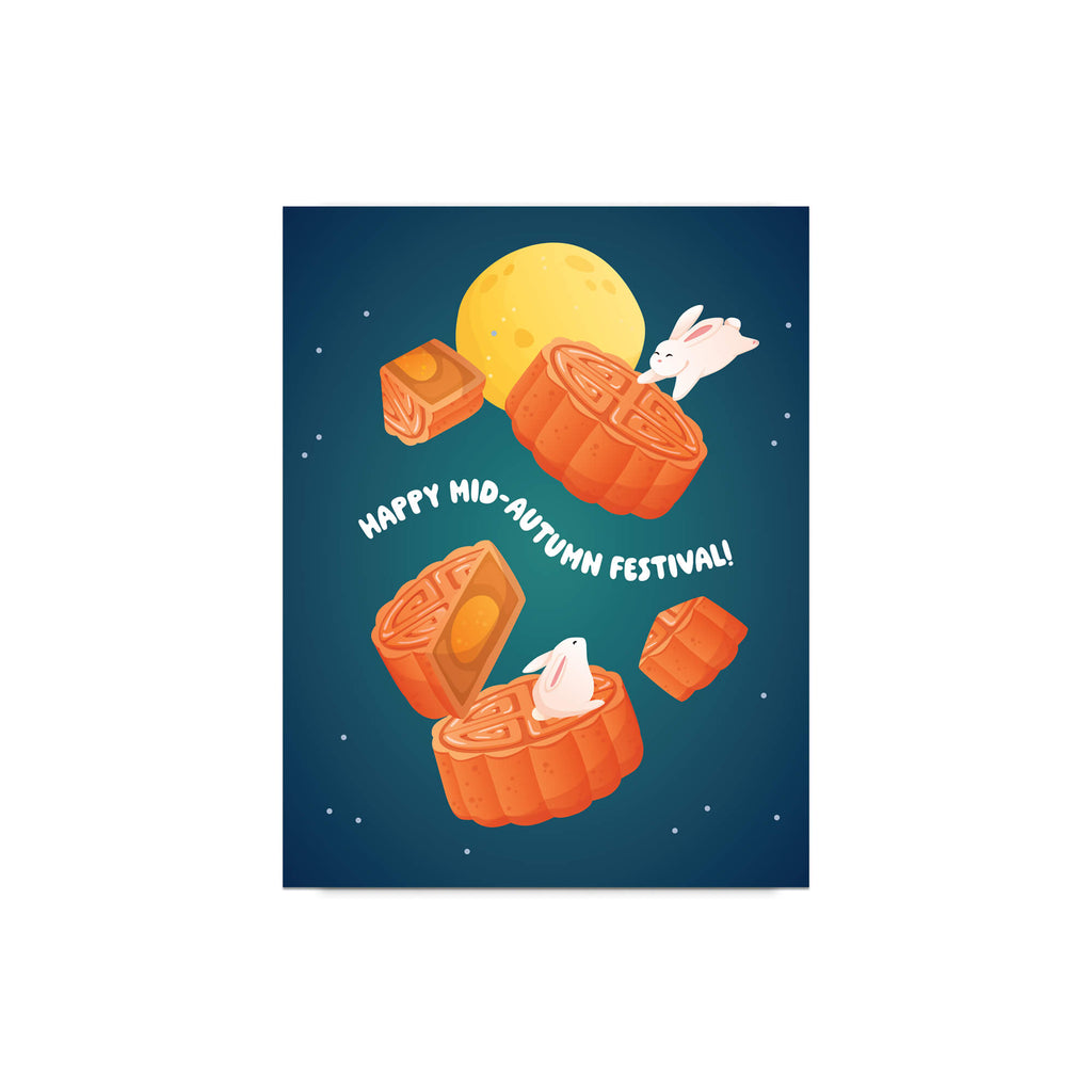 Illustration of mooncakes and white jade chinese  rabbit with a full moon on a blue background, featuring 'Happy Mid-Autumn Festival!' text.