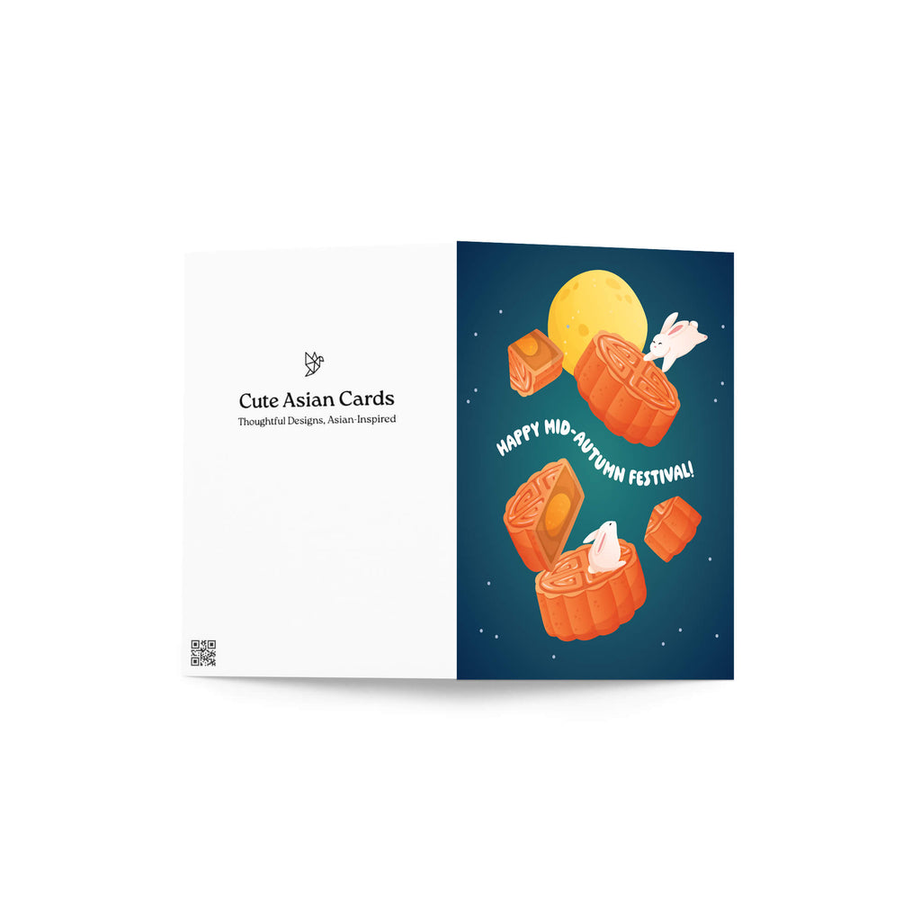 chinese greeting Card with mooncakes and a full moon illustration for the Mid-Autumn Festival, branded 'Cute Asian Cards'.