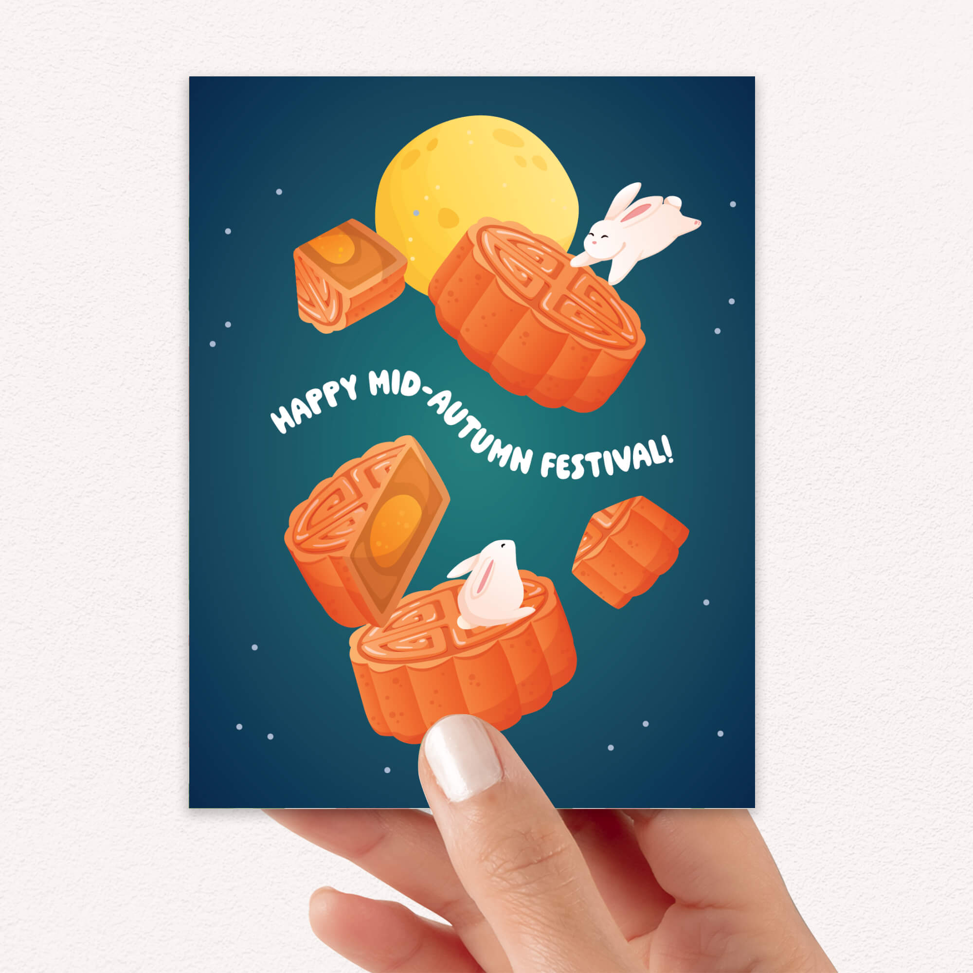 chinese mooncake festival Card with mooncakes and white jade rabbit, celebrating the Mid-Autumn Festival.