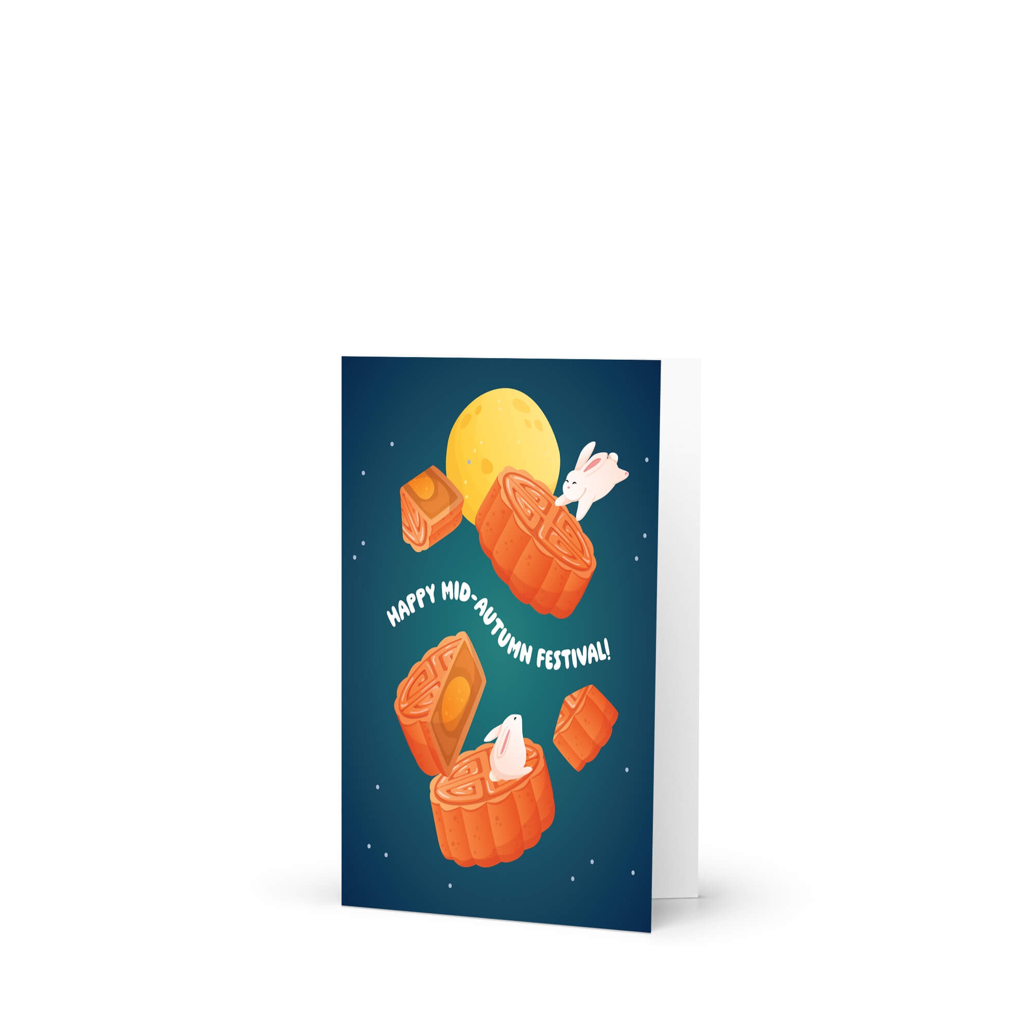 cute kawaii Greeting card with mooncakes and a rabbit for the Mid-Autumn Festival on a blue background