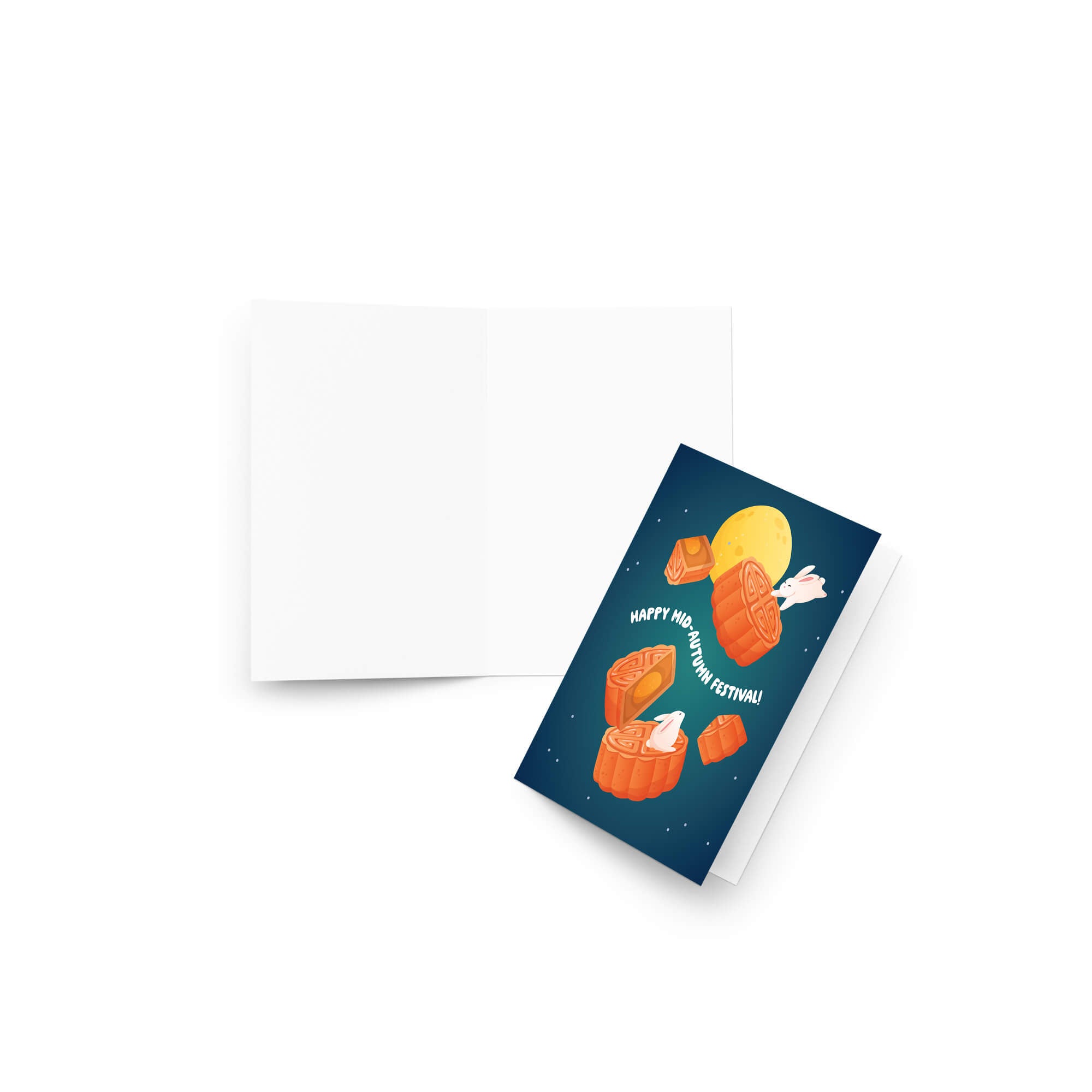 cute kawaii Greeting card with cartoon moon cake pastries and text on a white background for mid autumn festival